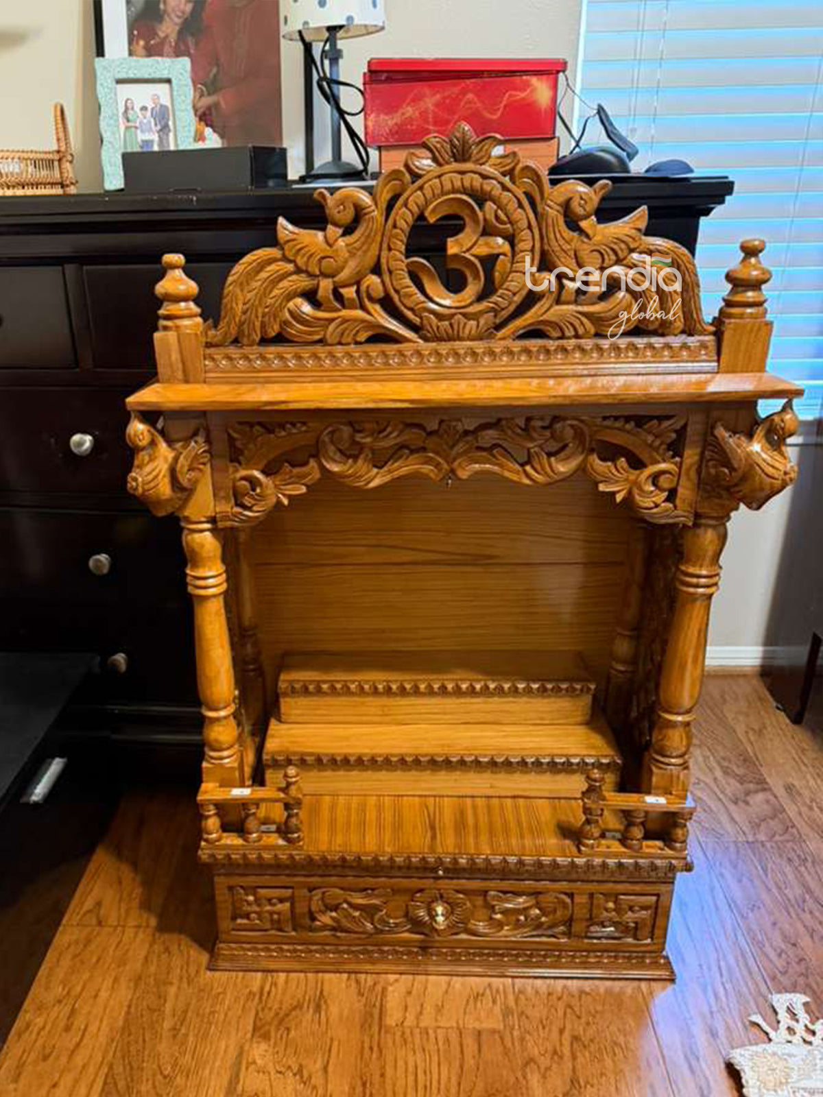 Hand Carved Wooden Mandir with Om Design