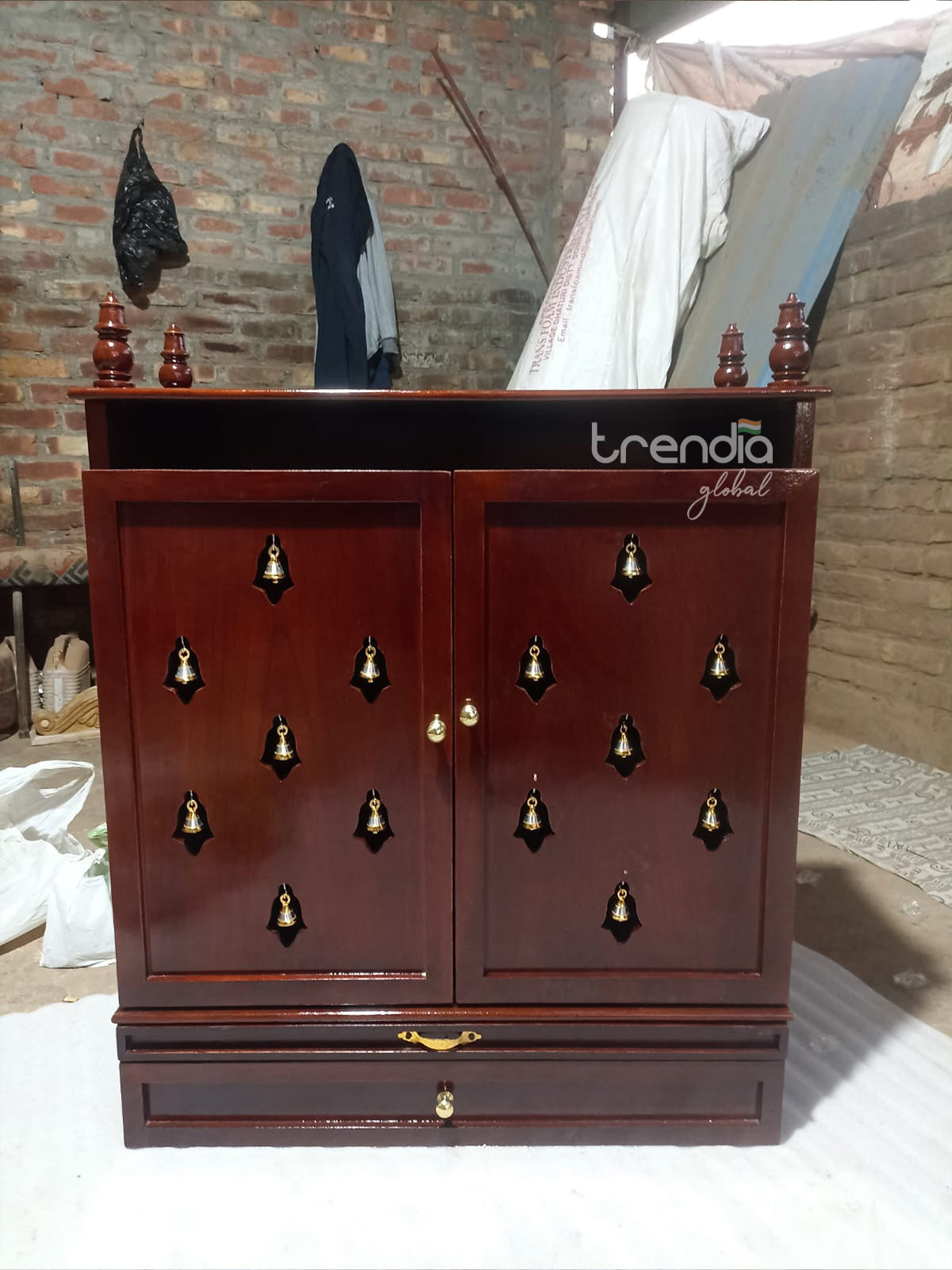 Wooden Pooja Cabinet with Doors & Bells