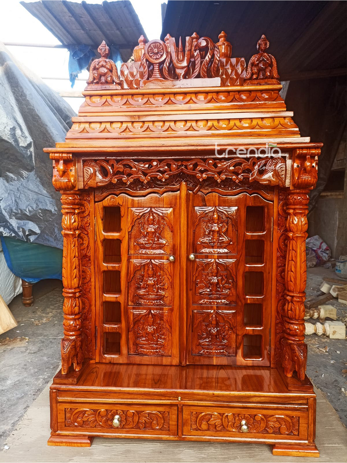 Hand Carved Teak Wood Mandir with Doors