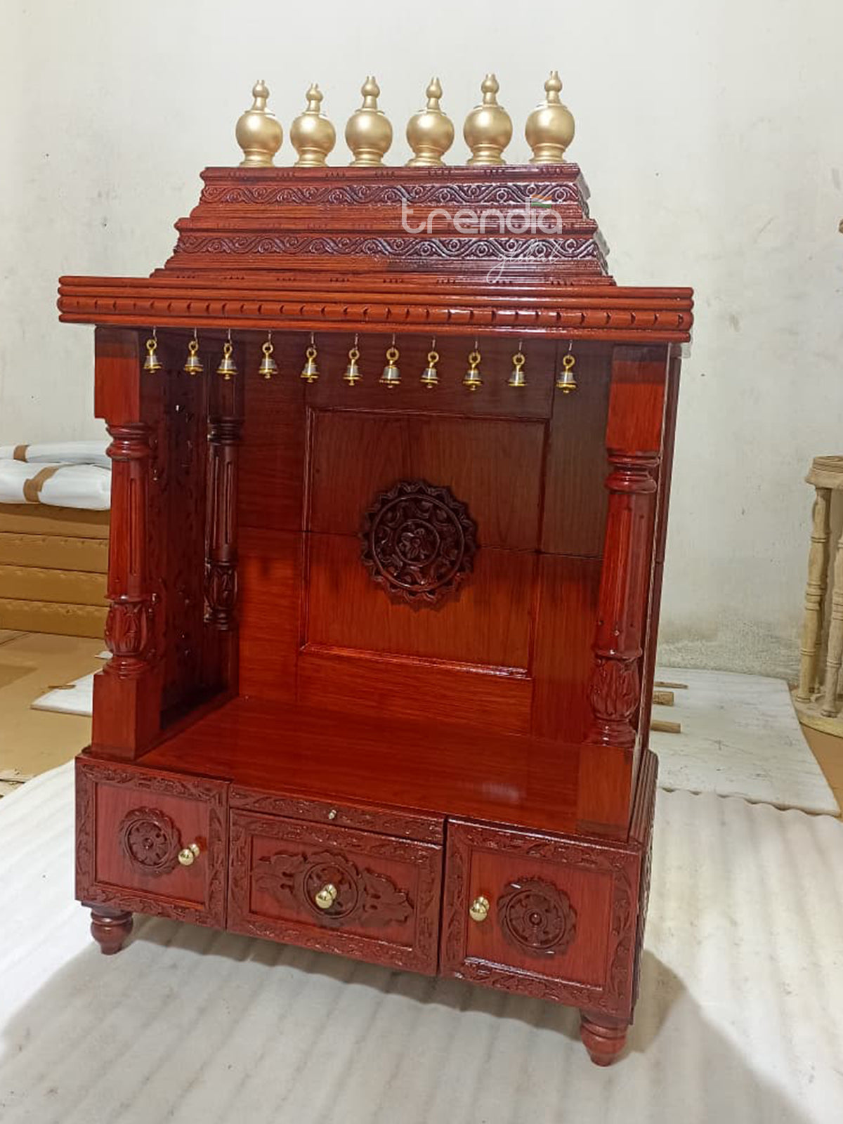 Solid Teak Wood Pooja Mandir with Temple Bells