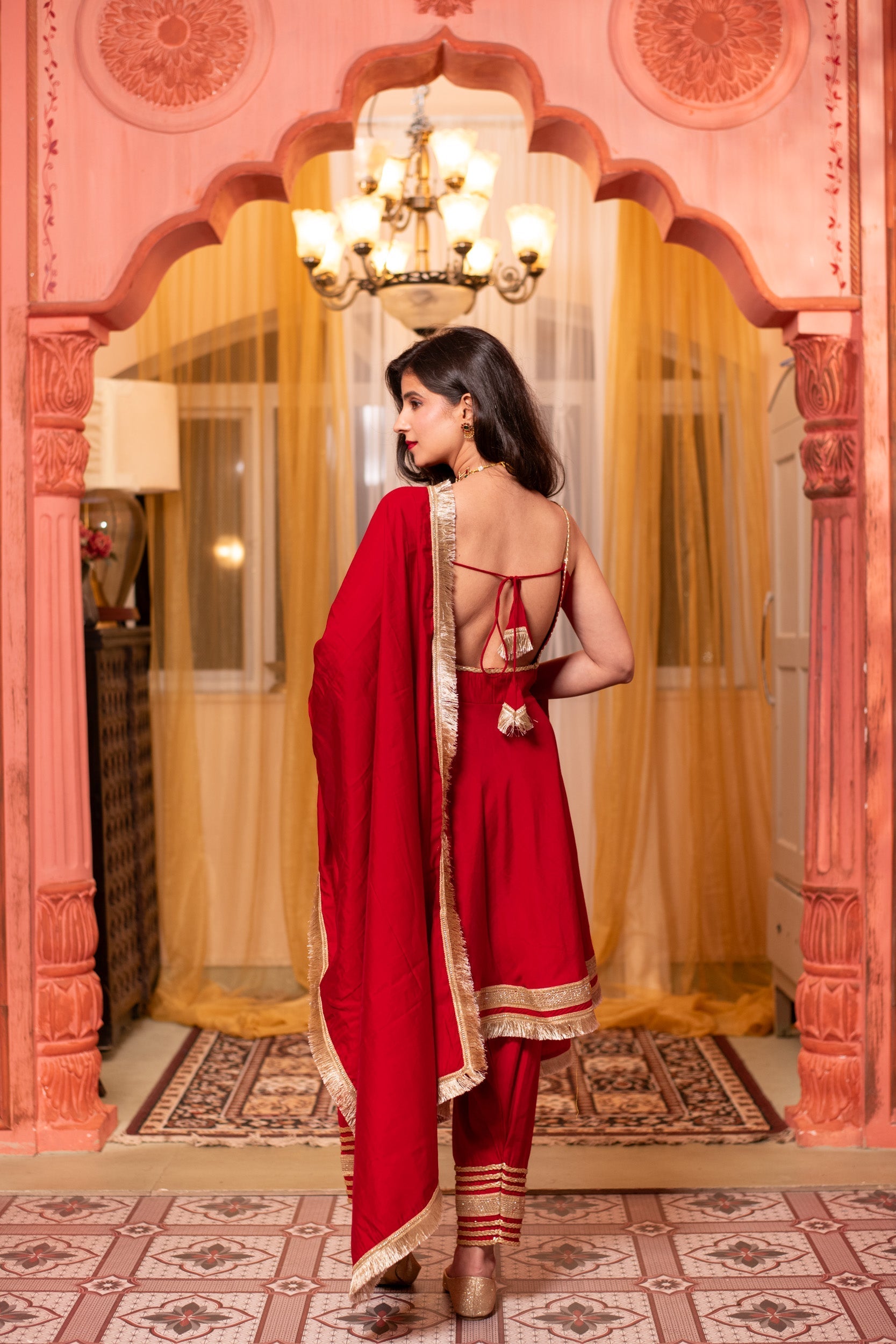 Women's Red Short Anarkali Kurta Set