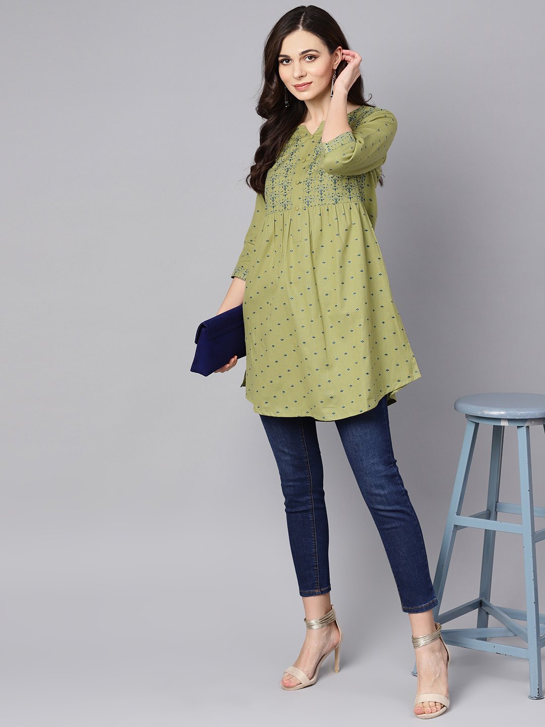 Women's Green Printed 3/4Th Sleeve Cotton A-Line Kurta