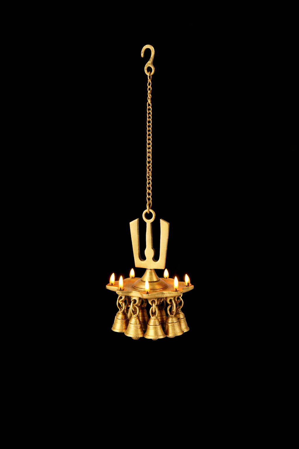 Brass Hanging Deepak Diya with Chain & Bells – 20.5 Inch