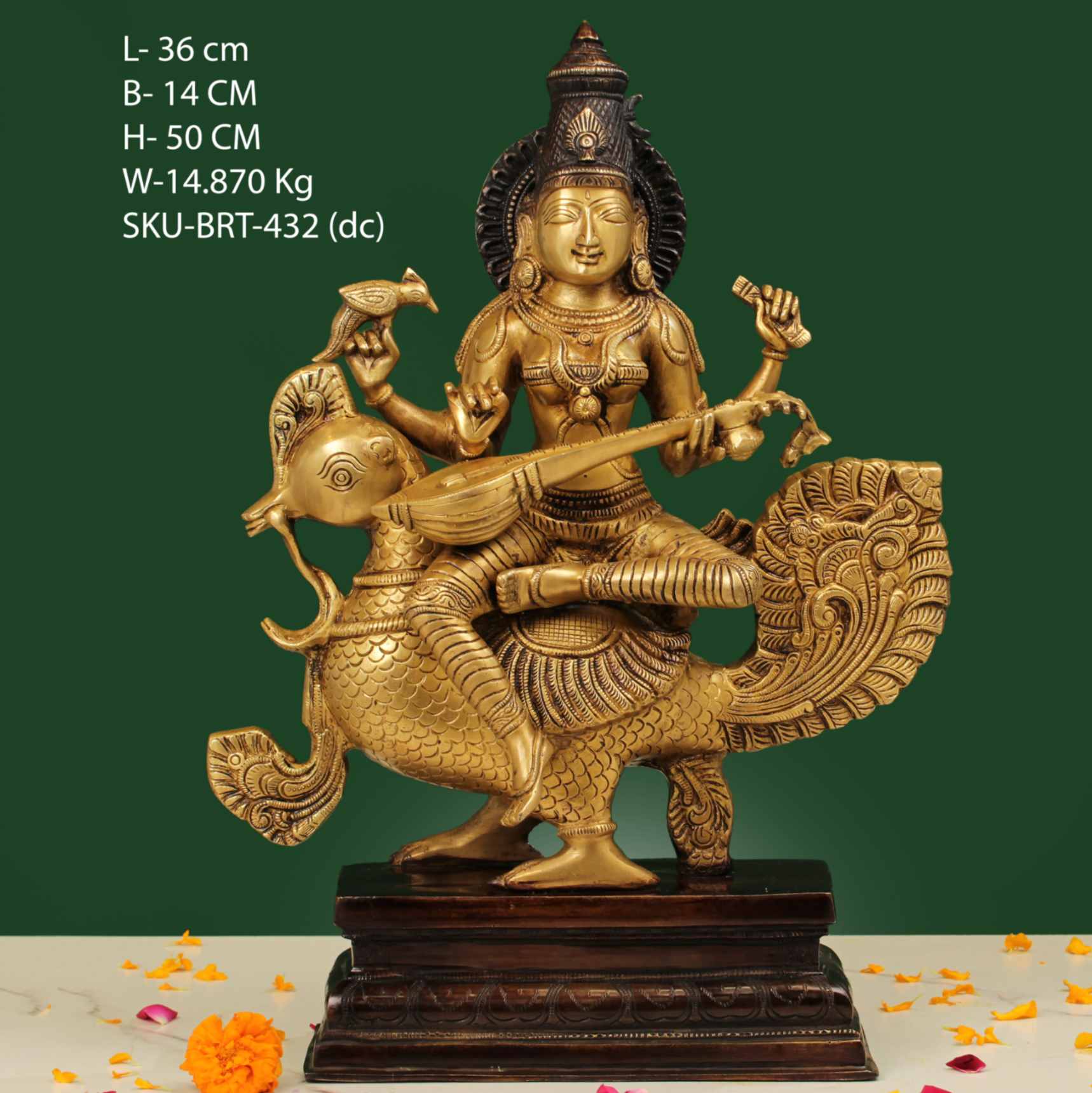 20 Inch Brass Goddess Saraswati Statue on Peacock – Saraswati Idol
