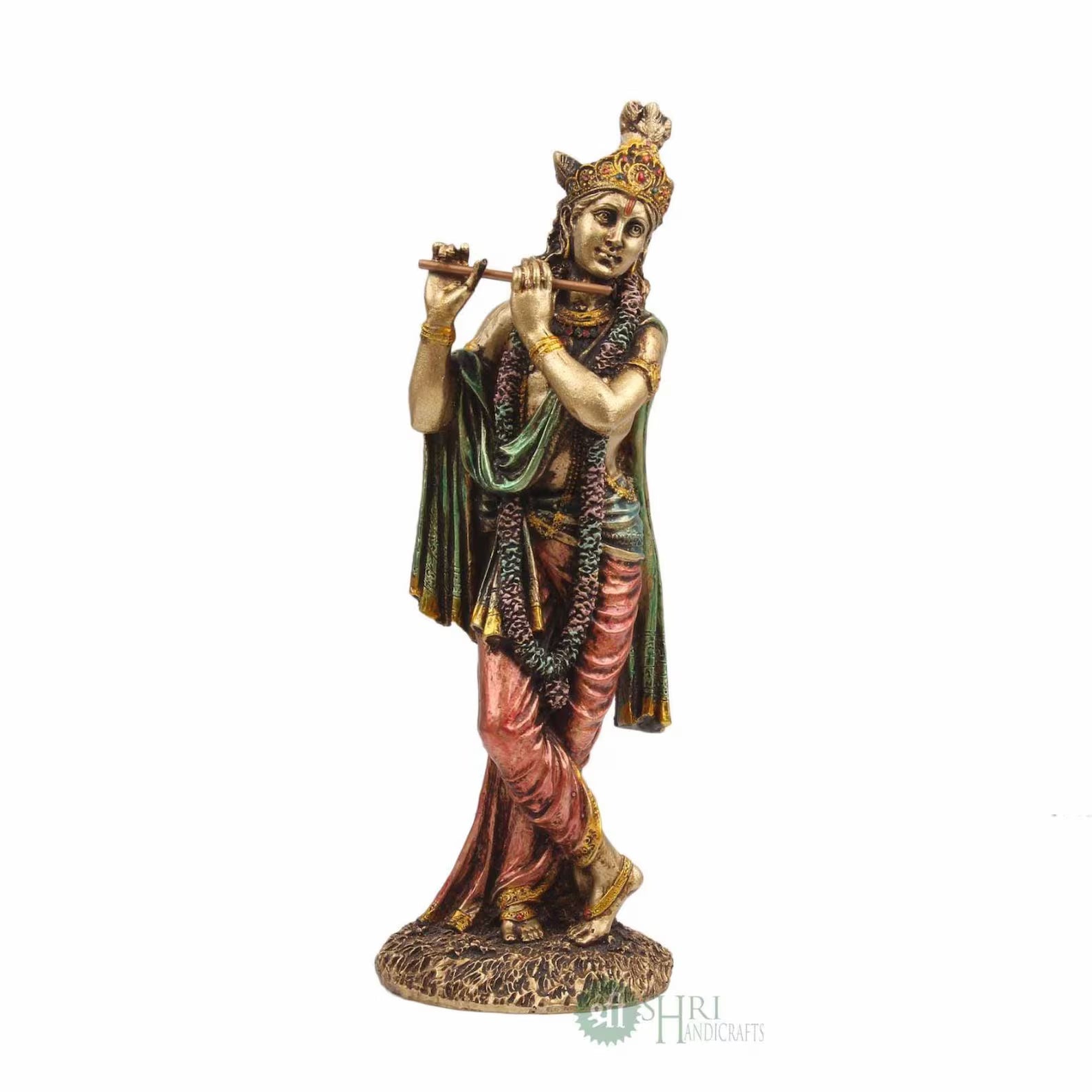 Lord Krishna Resin Idol: Hand-Painted Golden Finish, Divine Decor (10-Inch)
