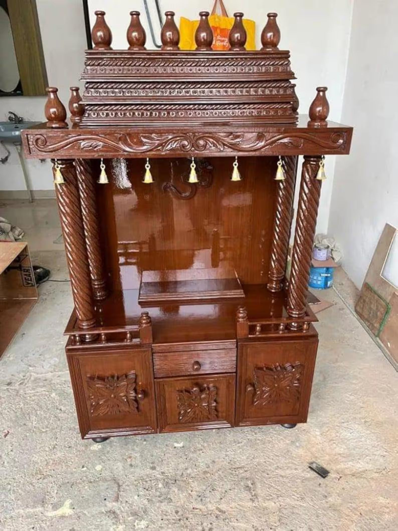 Wooden temple brass bells style Handmade Customizable Home Wooden Temple solid teakwood hand carved unique Large Wooden Mandir All Handcraft