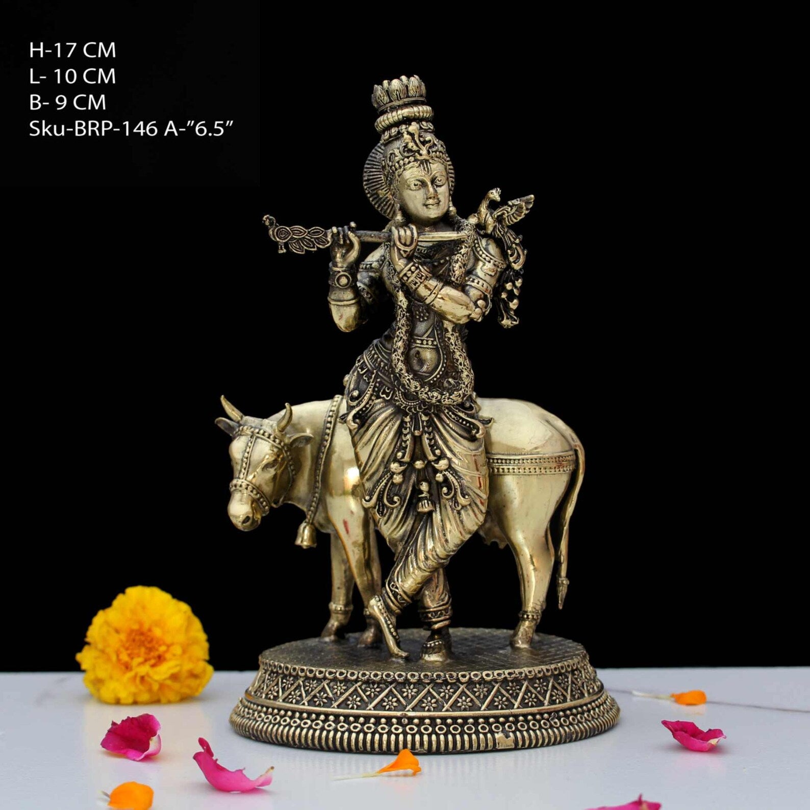6.5 Inch Brass Shri Krishna with Cow Statue – Lord Krishna Playing Flute Idol