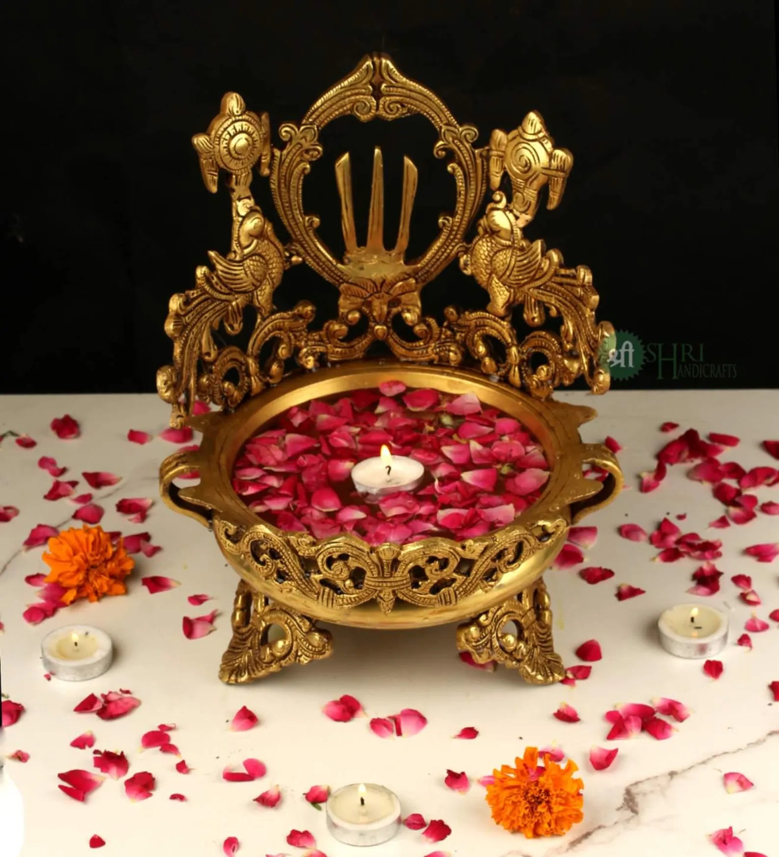 Grand Handcrafted Brass Urli with Temple Backdrop