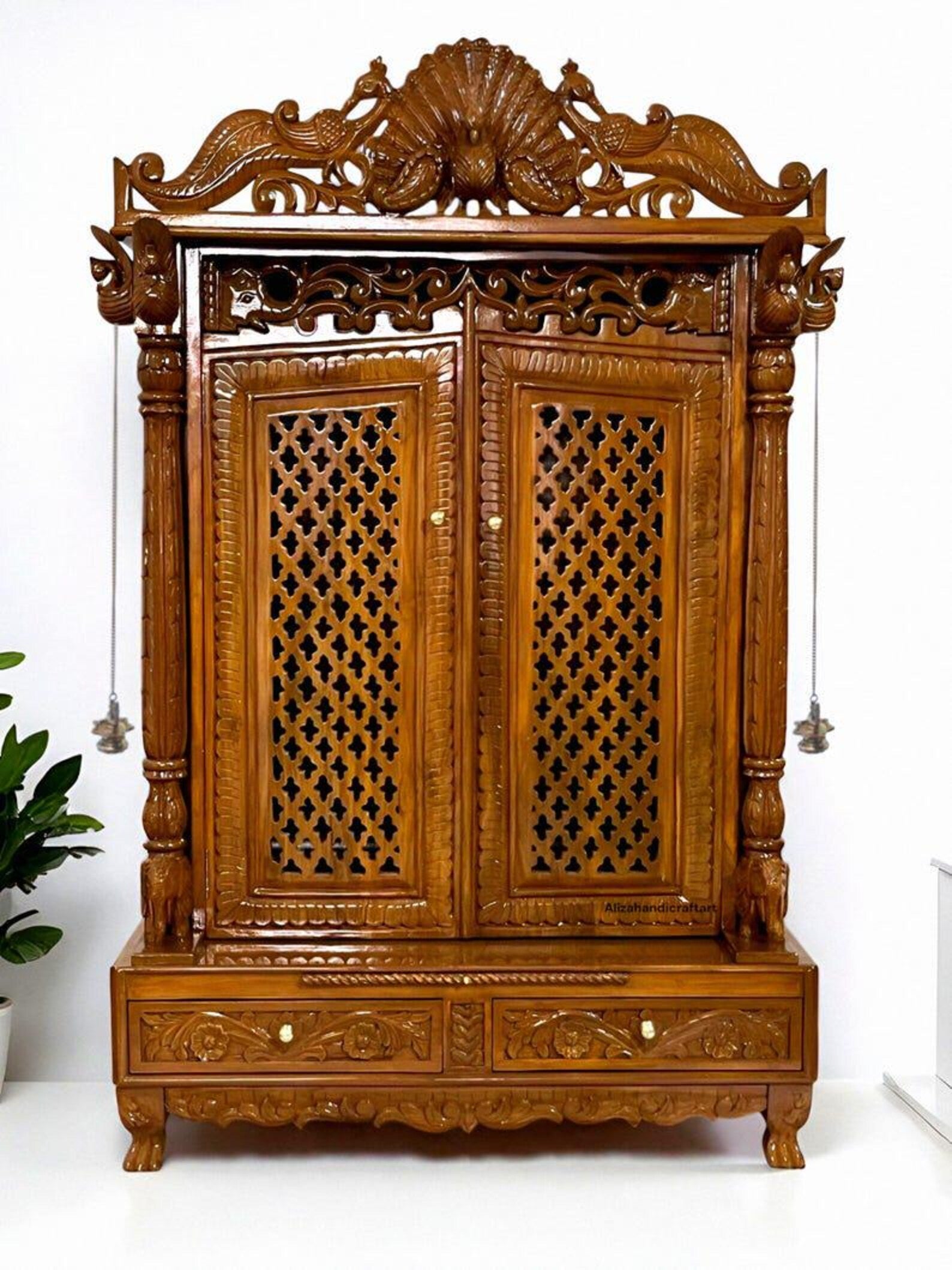 Wooden temple peacock design soli teakwood hand carved traditional Handmade Teakwood Mandir: Customizable Home Temple with Hand Carvings
