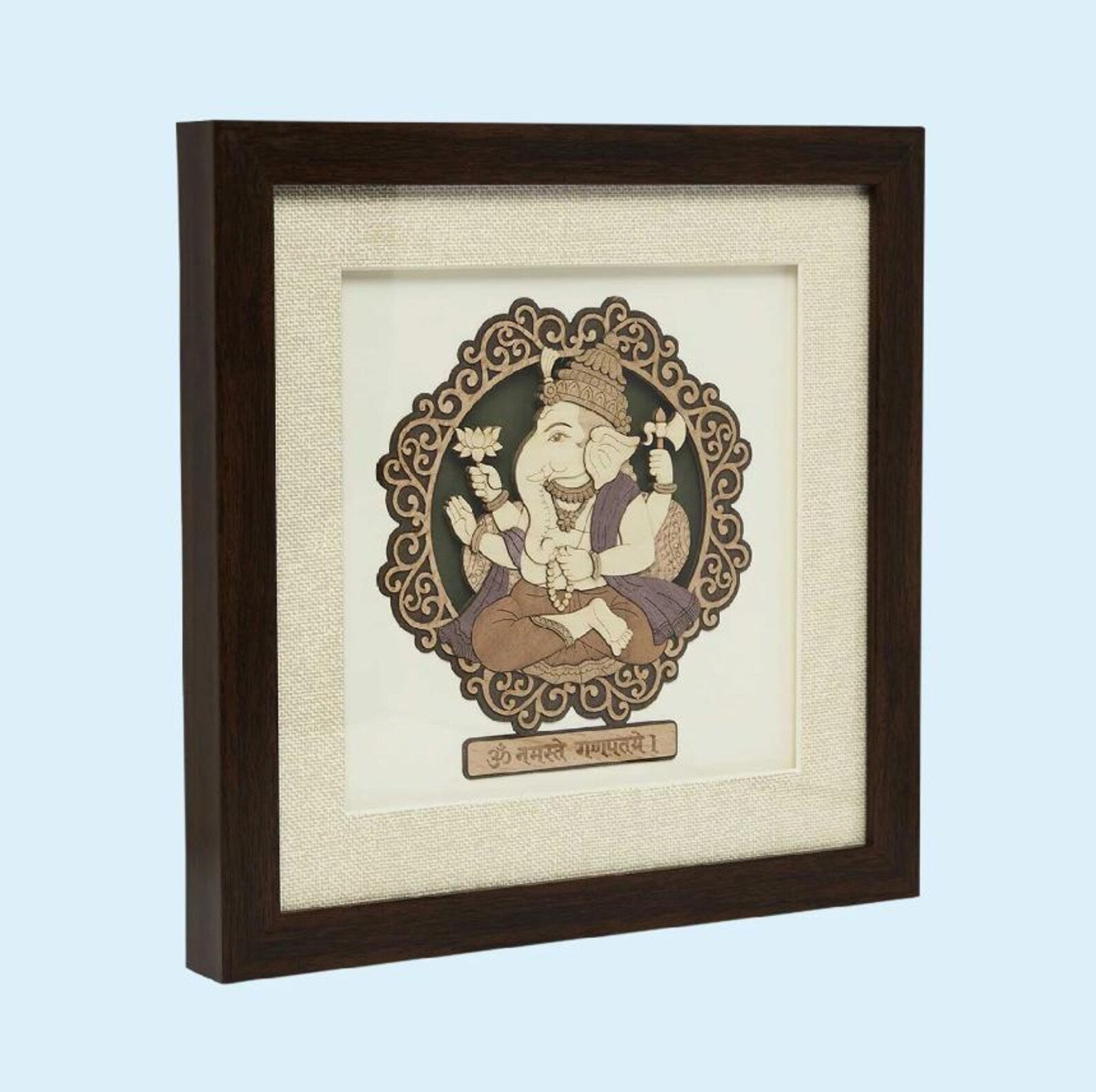 Handcrafted Ganesha Wood Art Frame, 10x10 Pooja Decor