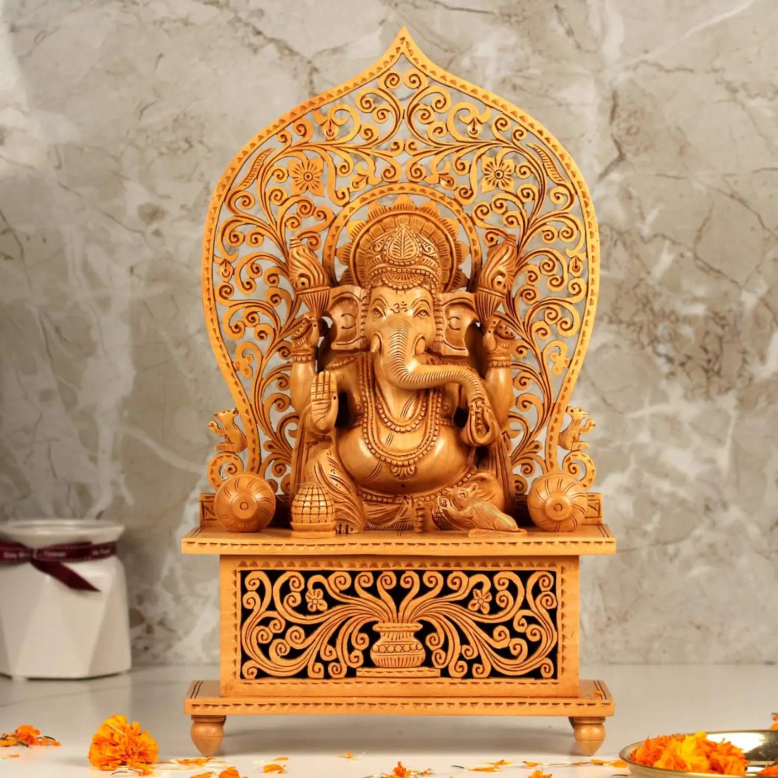 13 Inch Wooden Ganesha Sitting on Undercut Base