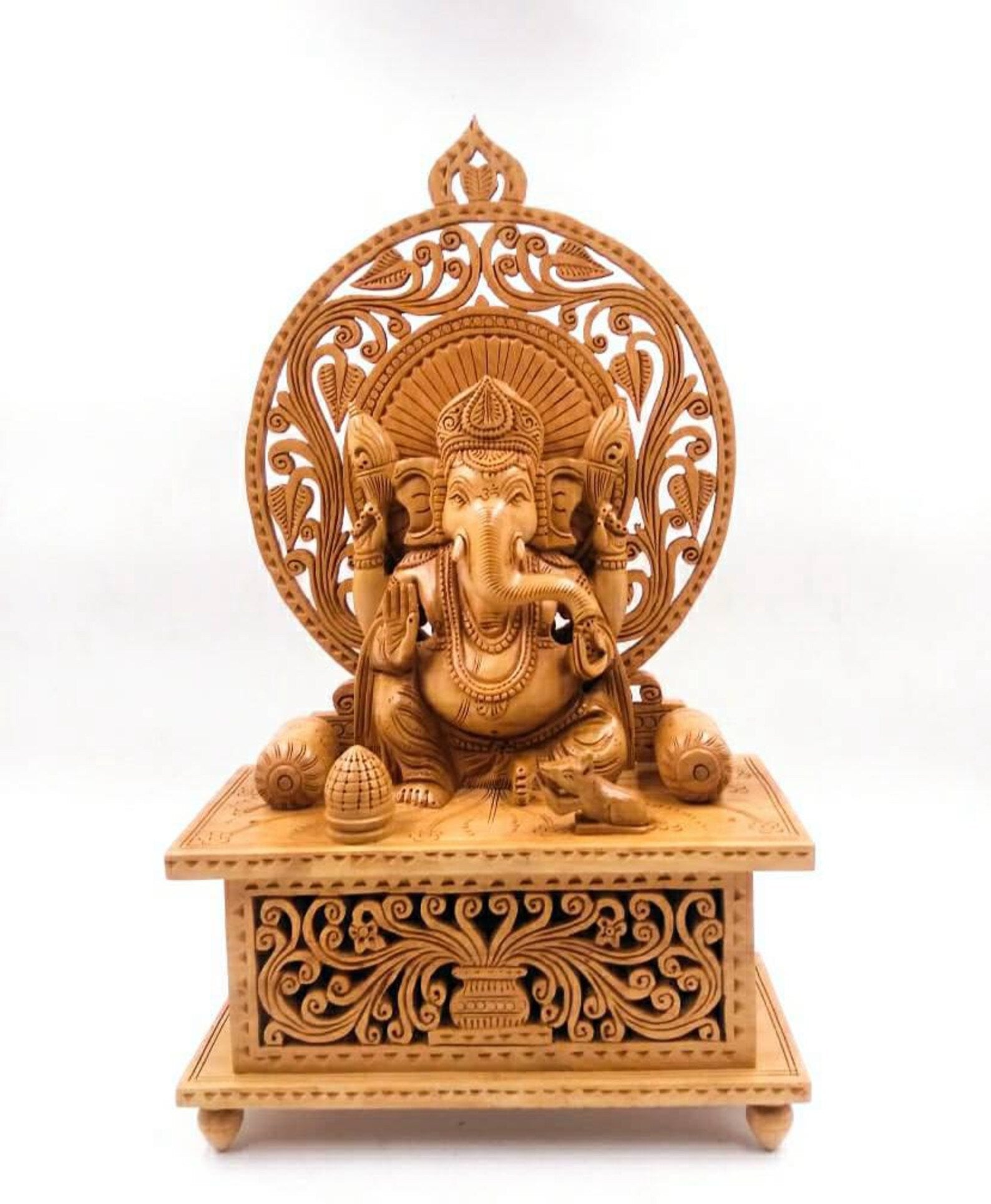 13 Inch Wooden Ganesha Sitting on Undercut Base