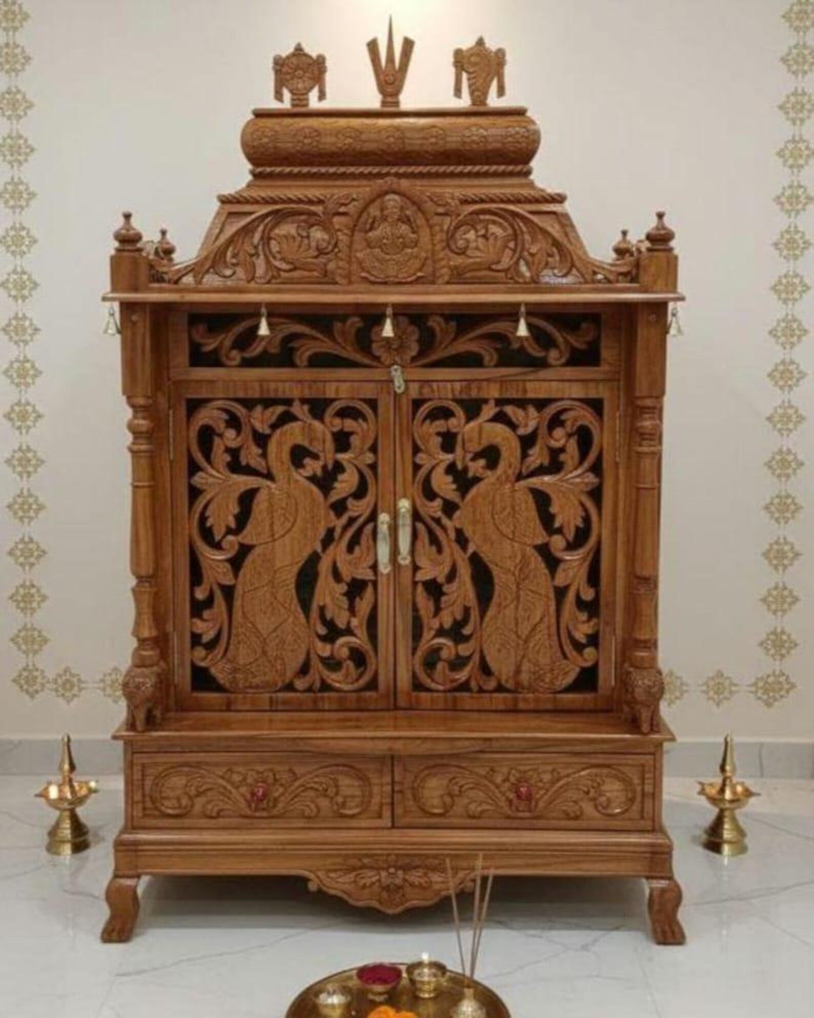 Wooden temple solid teakwood hand carved traditional unique design gift Handmade Teakwood Lakshmi Mandir - Customizable Carved Wooden Temple