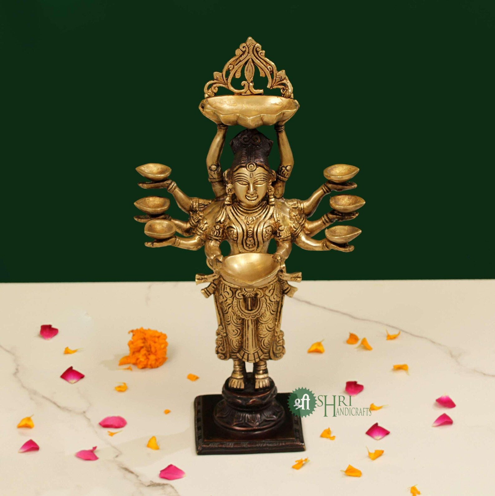 27 Inch Brass Dual-Tone Lady with Multiple Diyas