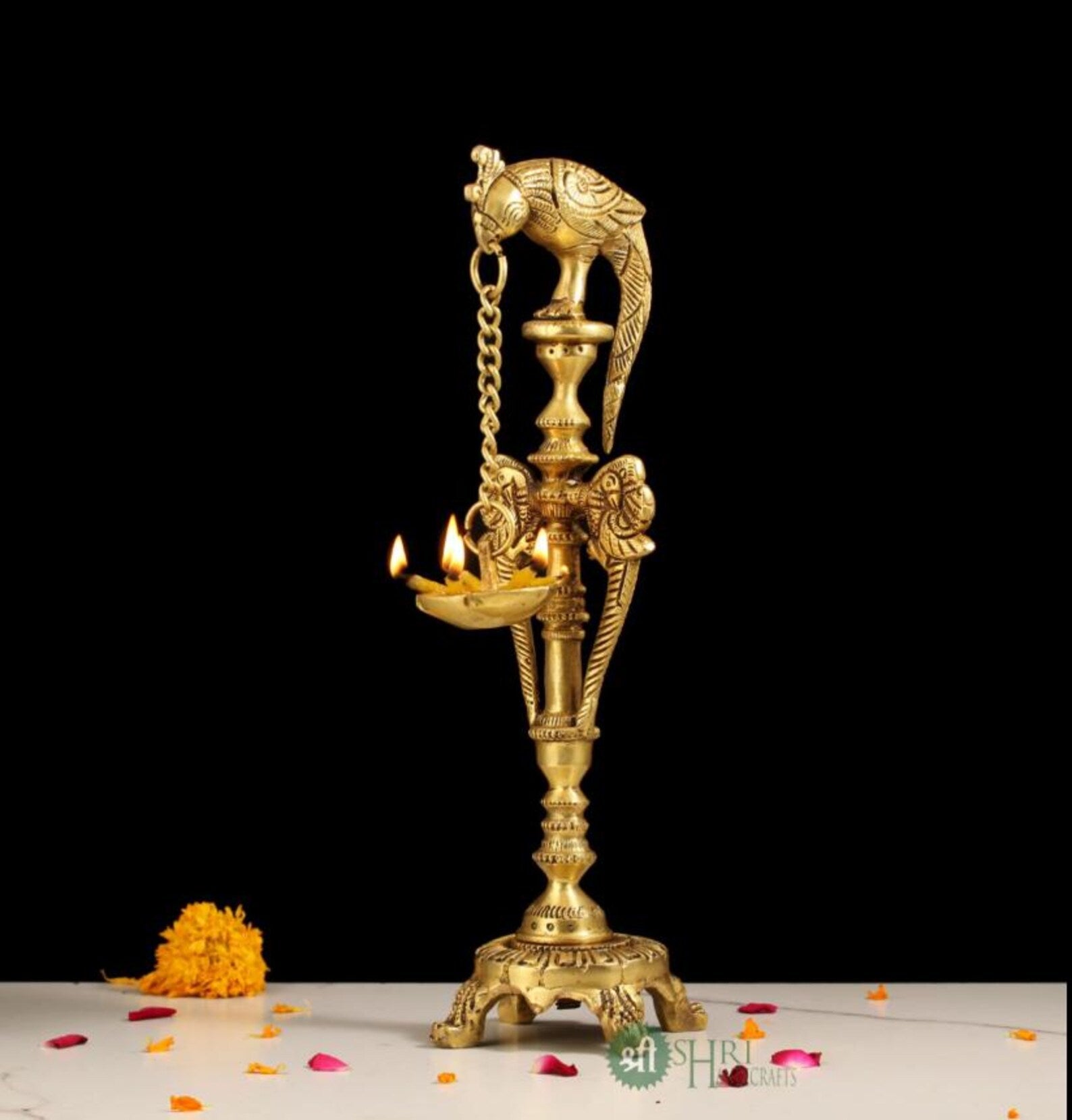 12 Inch Handcrafted Standing Brass Oil Lamp for Home & Temple