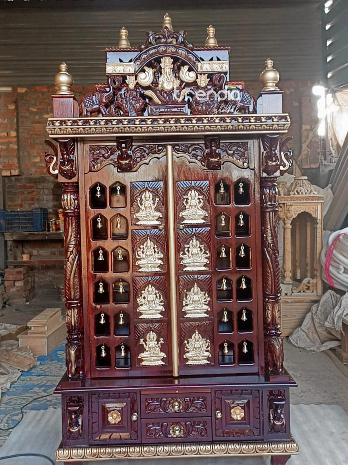 Teak Wood Pooja Mandir with Intricate Detailing