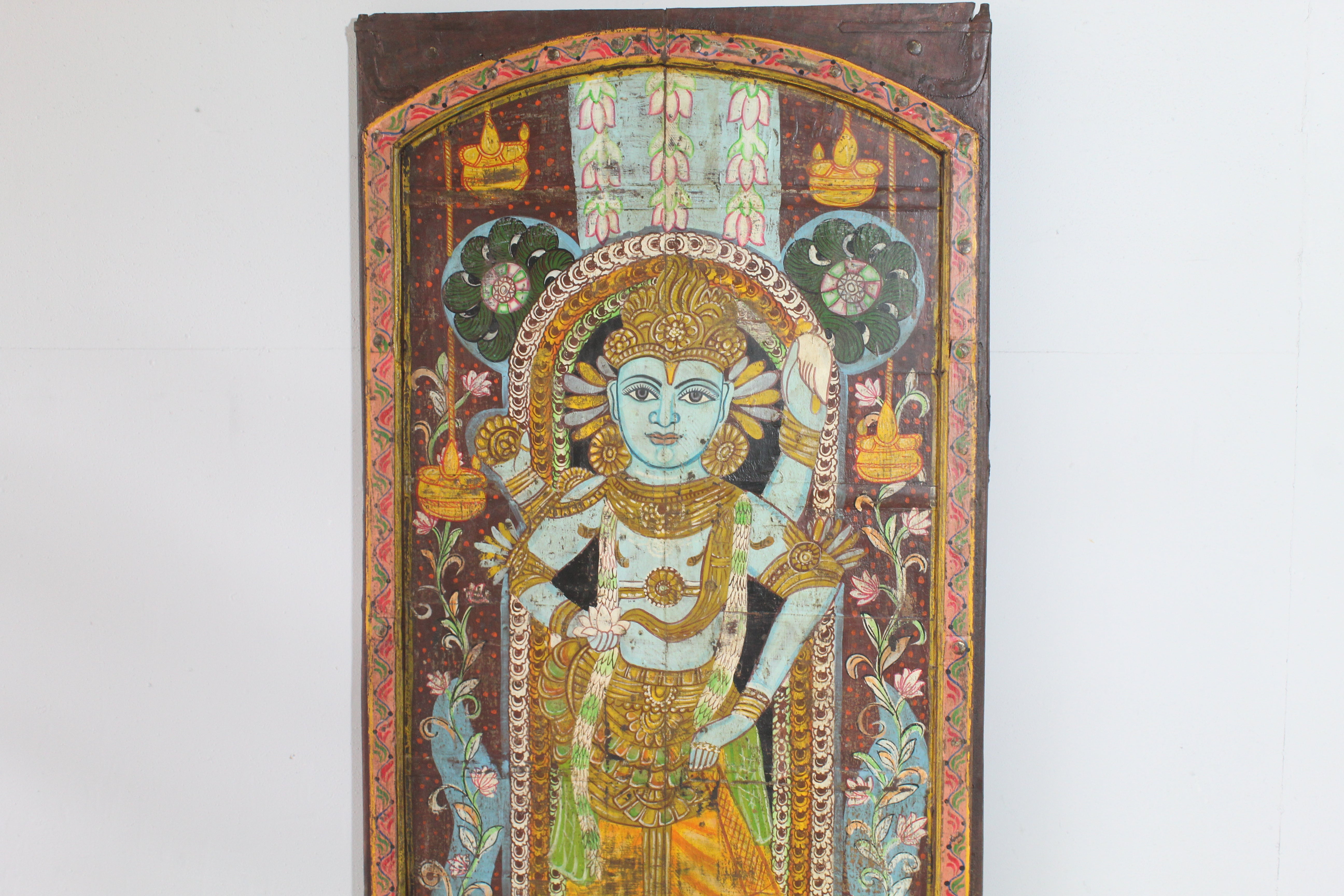 Vintage Lord Vishnu Hand-Painted Wooden Door Panel