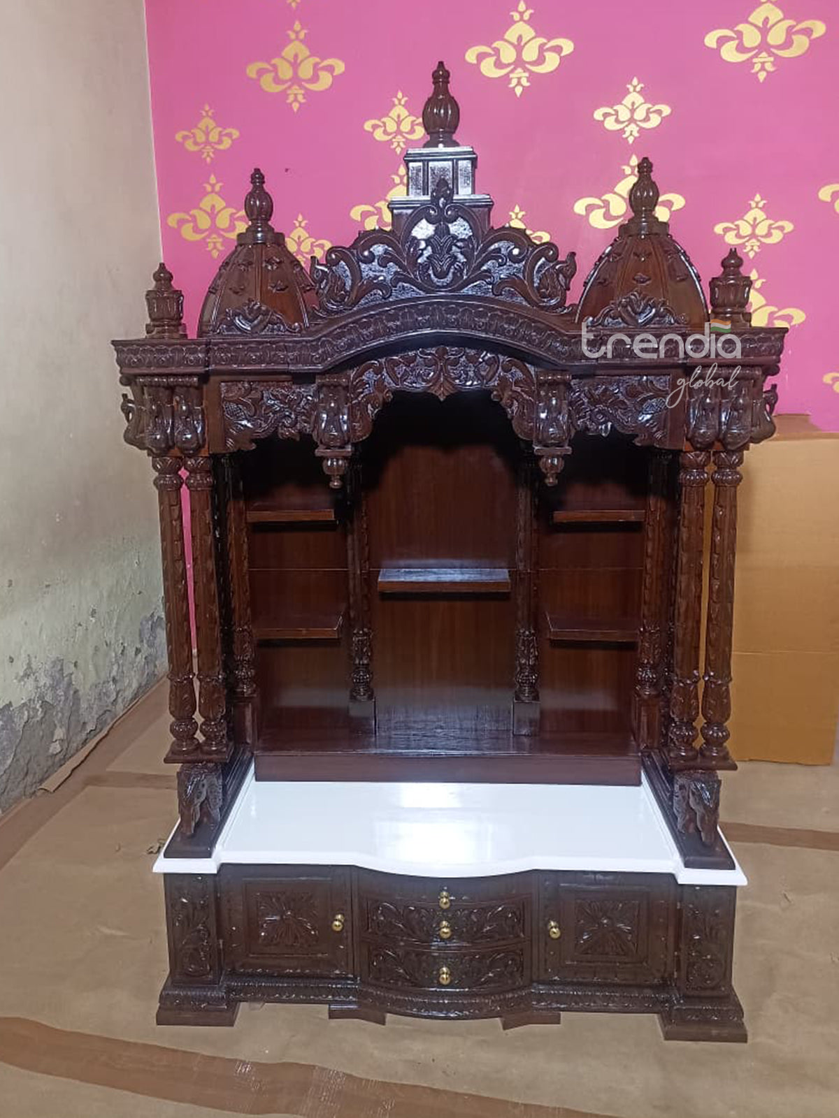 Teak Wood Pooja Temple with Drawers
