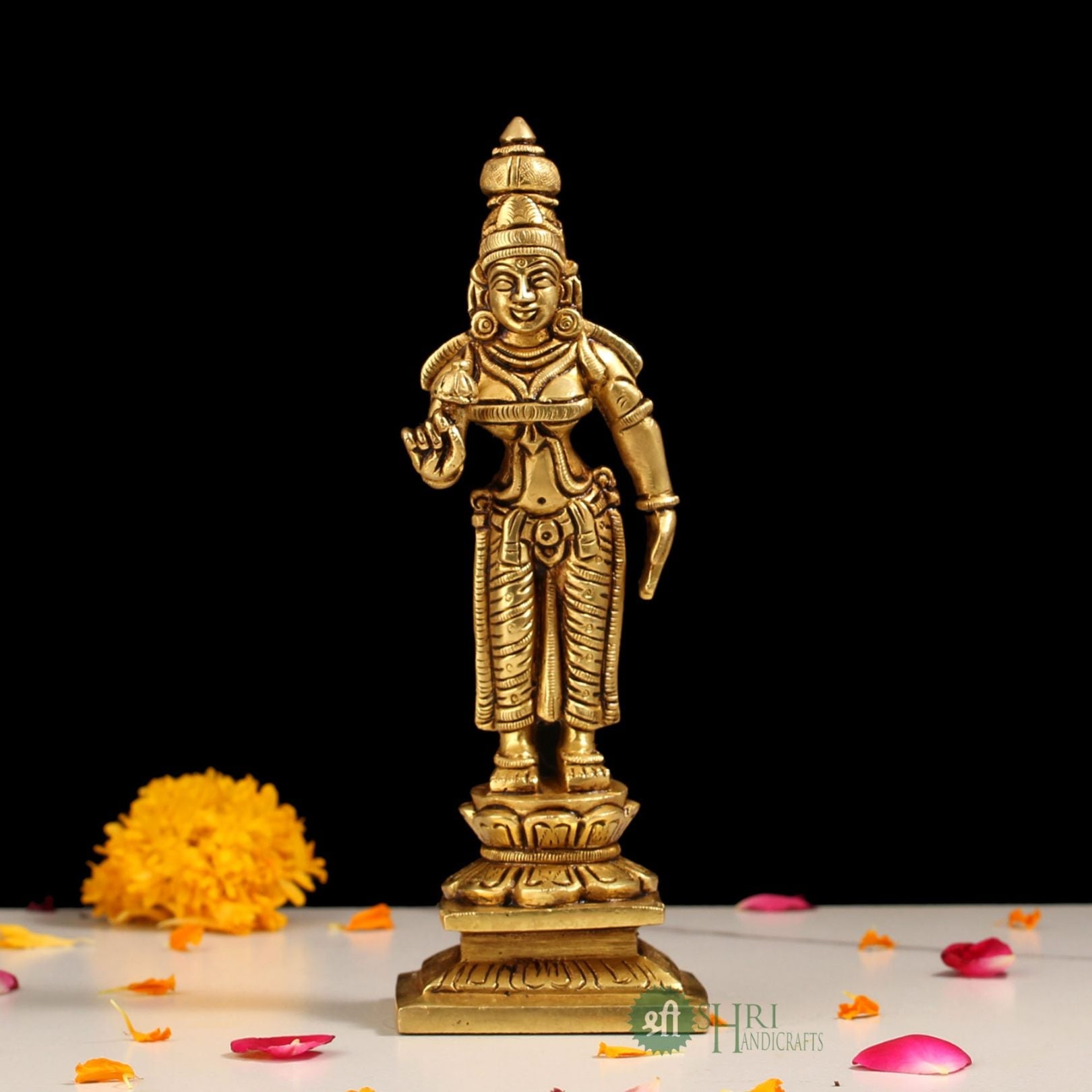 7 Inch Brass Goddess Parvati Standing Statue on Base