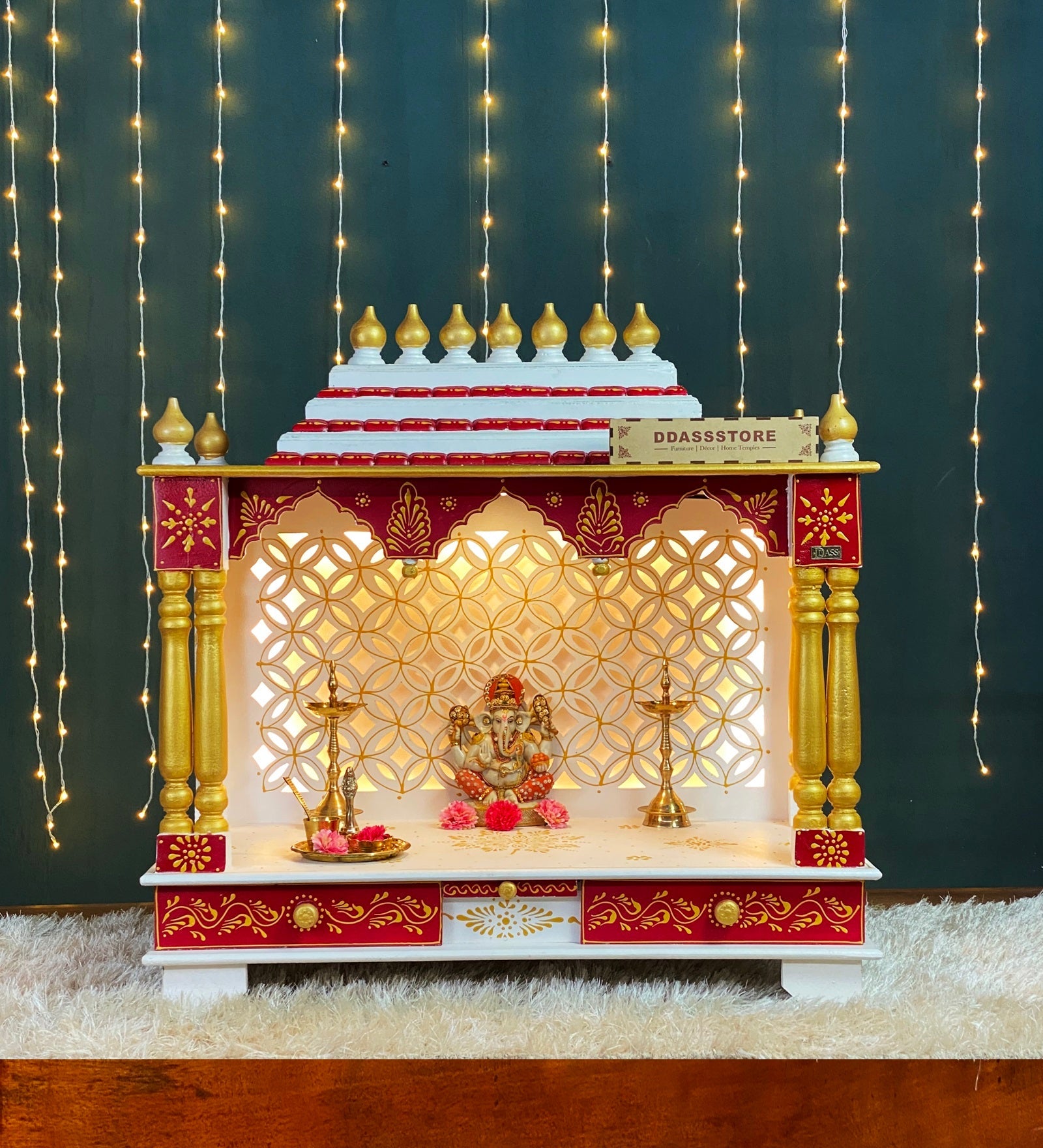 White Red Hand Painted Big Wooden LED Pooja Mandir