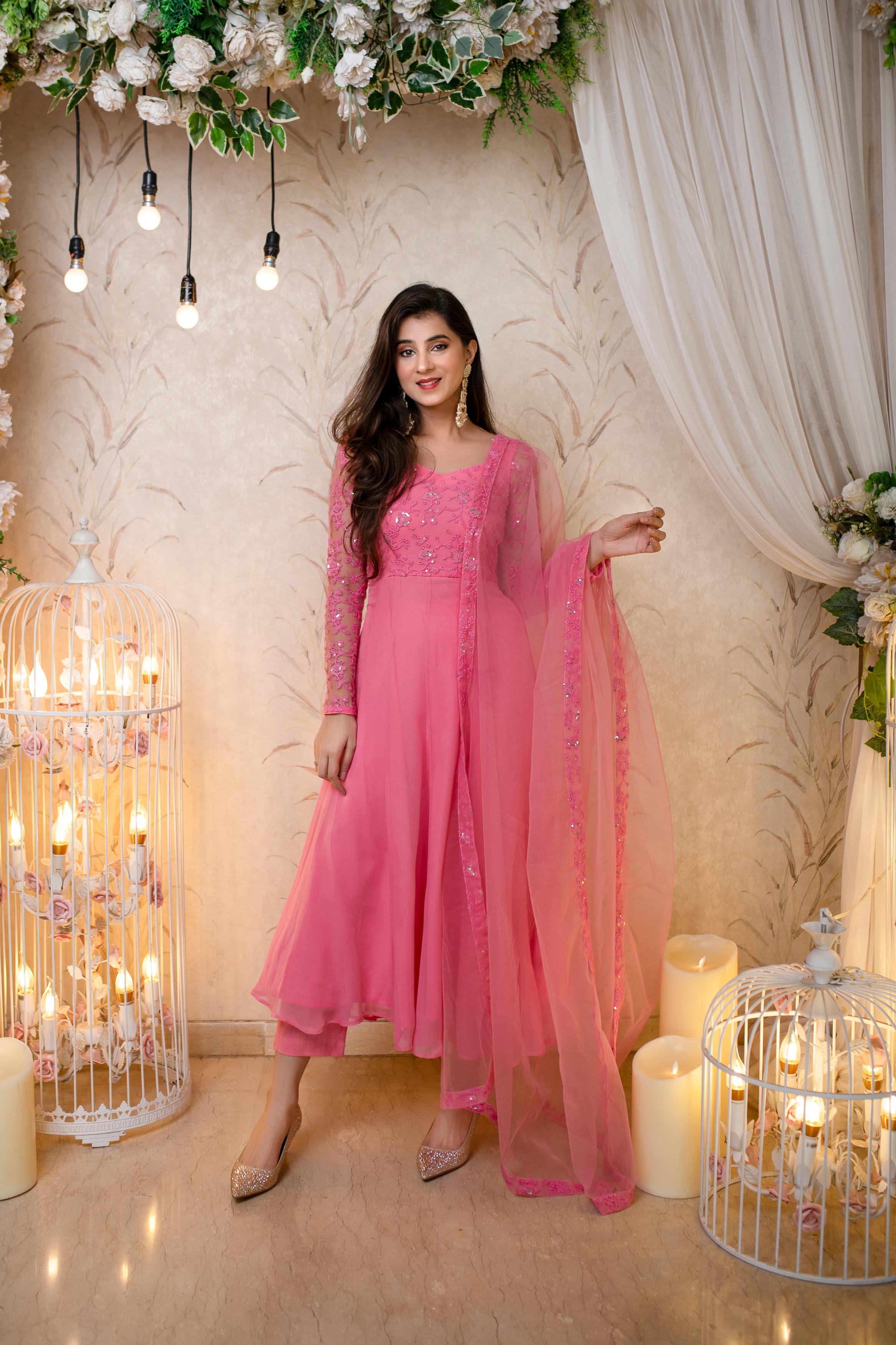 Women's Baby Pink Anarkali (3 Pc Set)