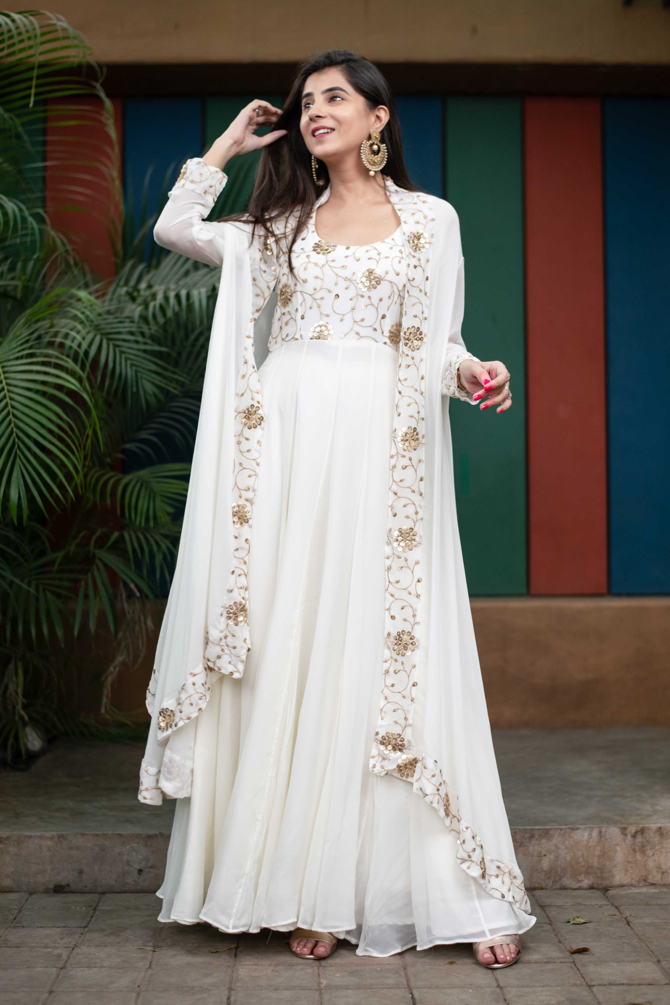 Women's Off White Jacket Gown With Sequin And Zari Work (2pcs Set)