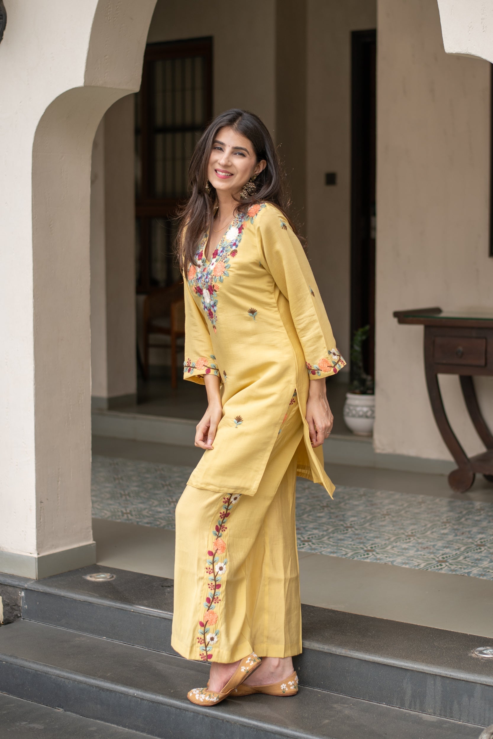 Women's Floral Mustard Emb Co-Ord Set