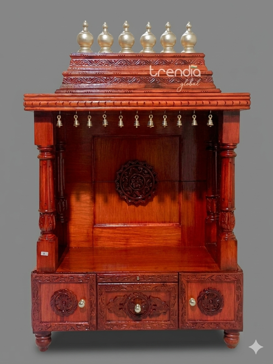 Solid Teak Wood Pooja Mandir with Temple Bells