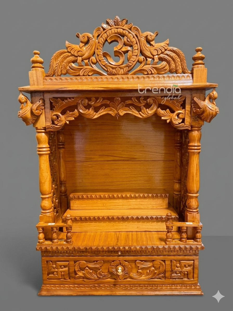 Hand Carved Wooden Mandir with Om Design