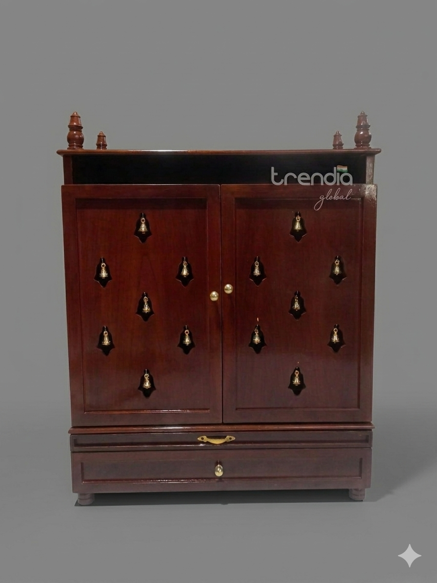 Wooden Pooja Cabinet with Doors & Bells