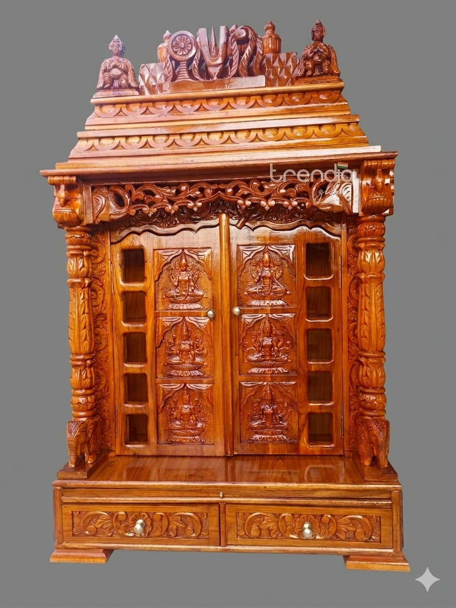 Hand Carved Teak Wood Mandir with Doors