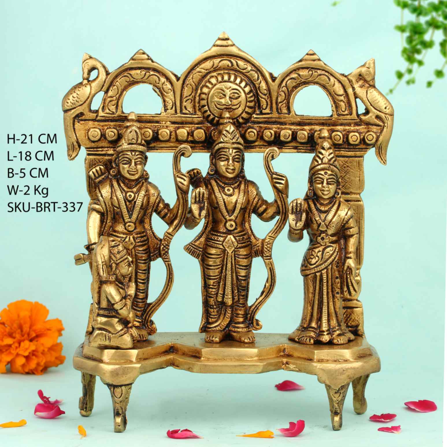 8" Brass Ram Darbar Idol – Lord Rama, Sita, Lakshmana & Hanuman Statue for Home Temple