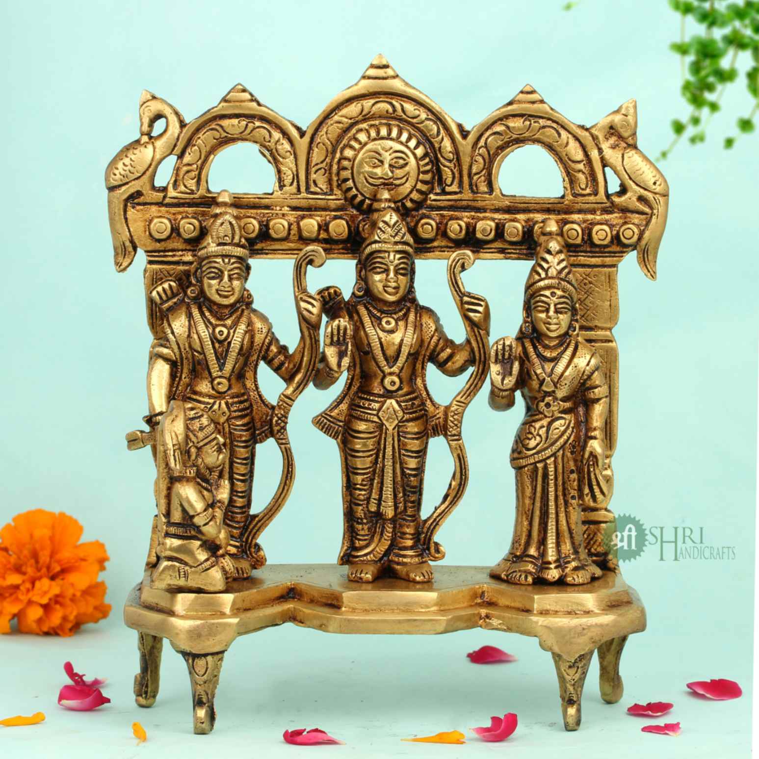 8" Brass Ram Darbar Idol – Lord Rama, Sita, Lakshmana & Hanuman Statue for Home Temple