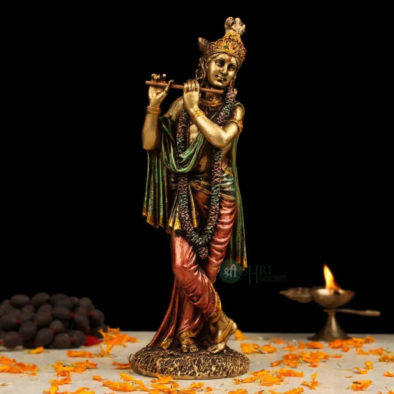 Lord Krishna Resin Idol: Hand-Painted Golden Finish, Divine Decor (10-Inch)