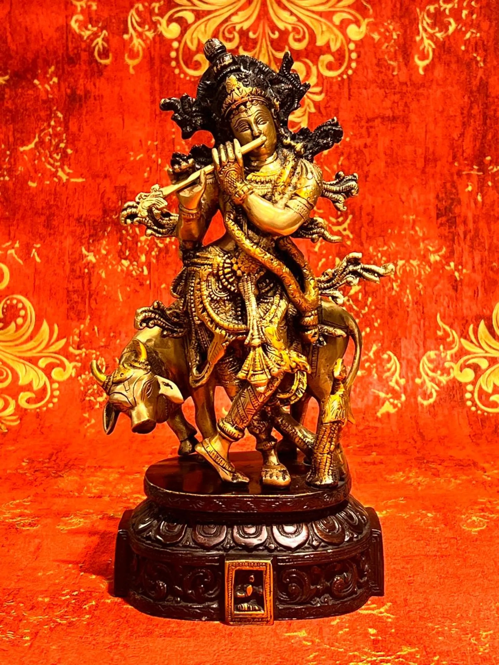 Brass Cow Krishna Idol: Colorful Home Decor, Divine Gift (13")