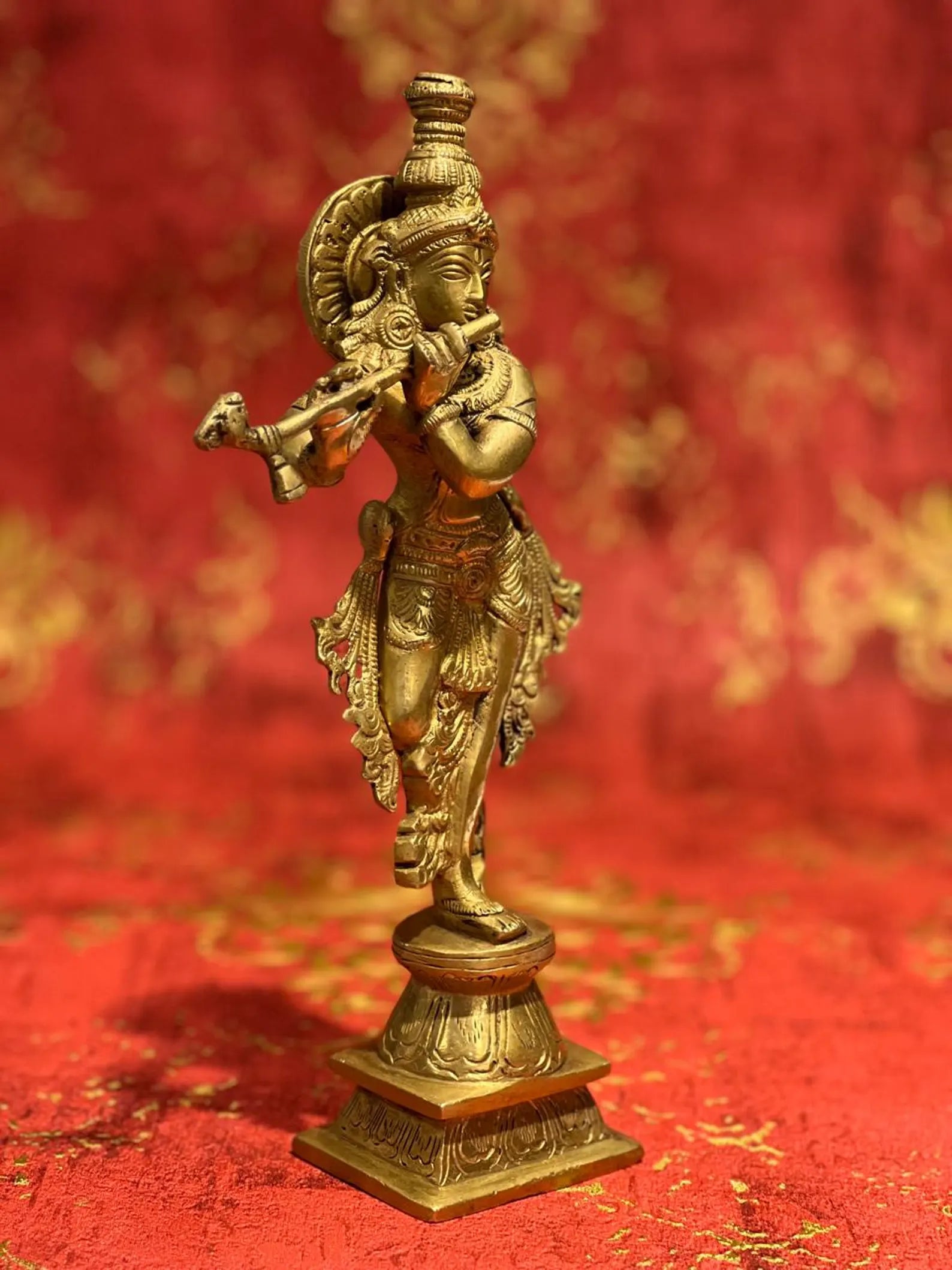 11" Brass Krishna Standing Statue - Elegant Lord Krishna Idol for Home Decor & Spiritual Blessings