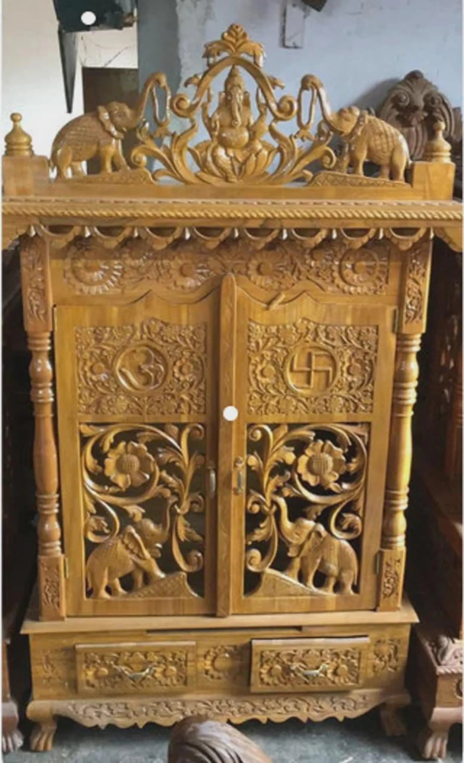 Handmade Teakwood Temple, Customizable Wooden Mandir with Carvings