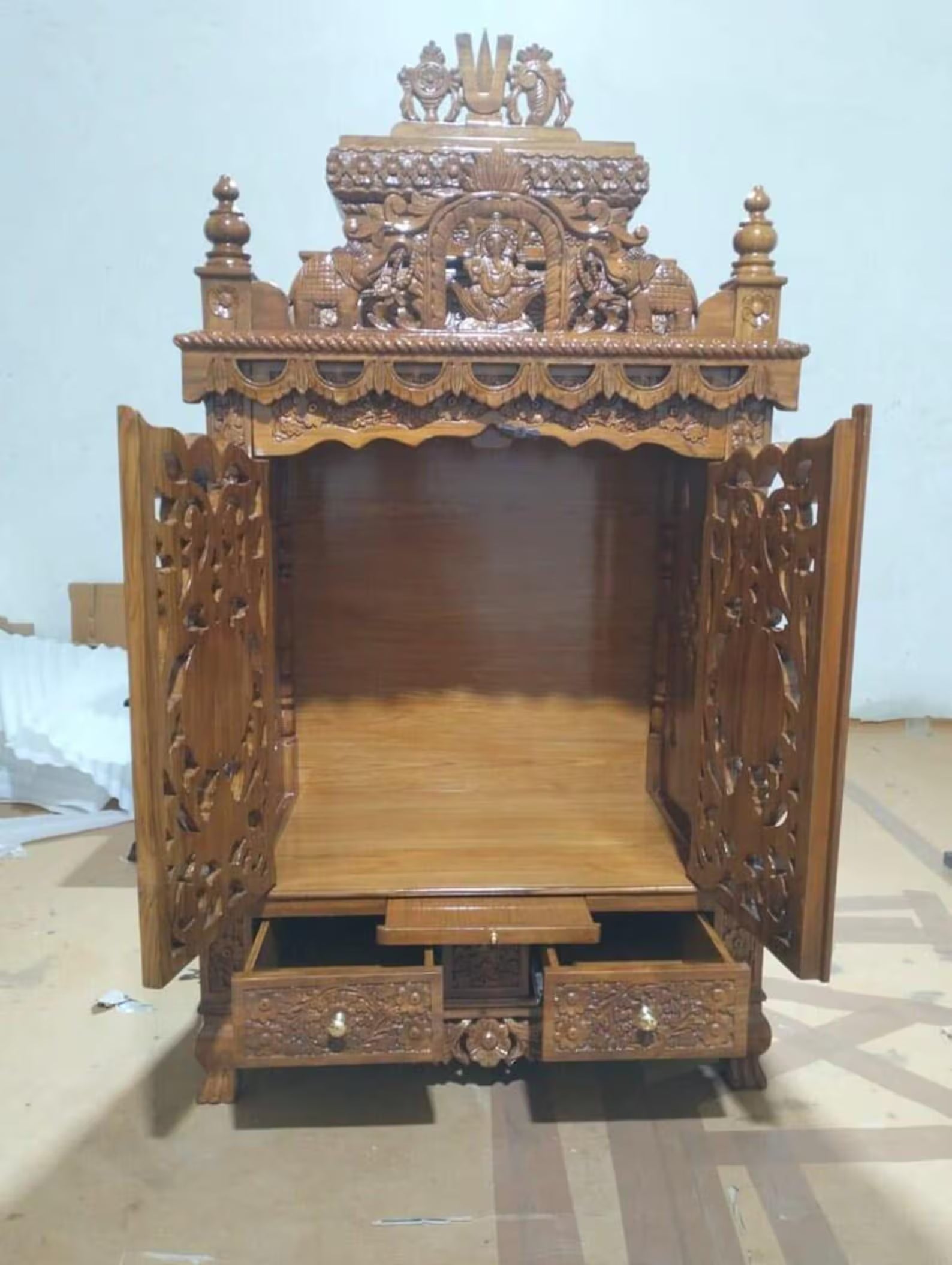 Handmade Teakwood Temple, Large Carved Mandir with Drawers