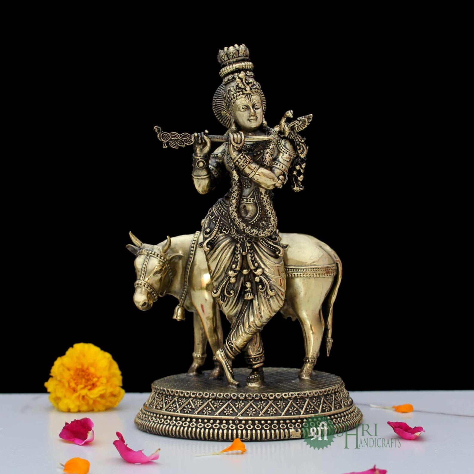 6.5 Inch Brass Shri Krishna with Cow Statue – Lord Krishna Playing Flute Idol