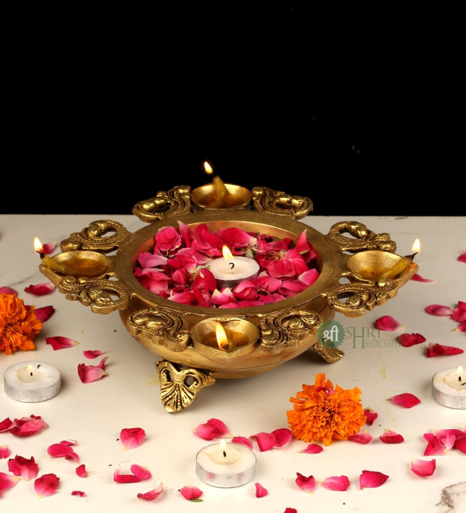 Handcrafted Multi-Diya Brass Urli Bowl for Festive & Spiritual Décor