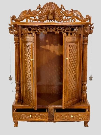 Wooden temple peacock design soli teakwood hand carved traditional Handmade Teakwood Mandir: Customizable Home Temple with Hand Carvings