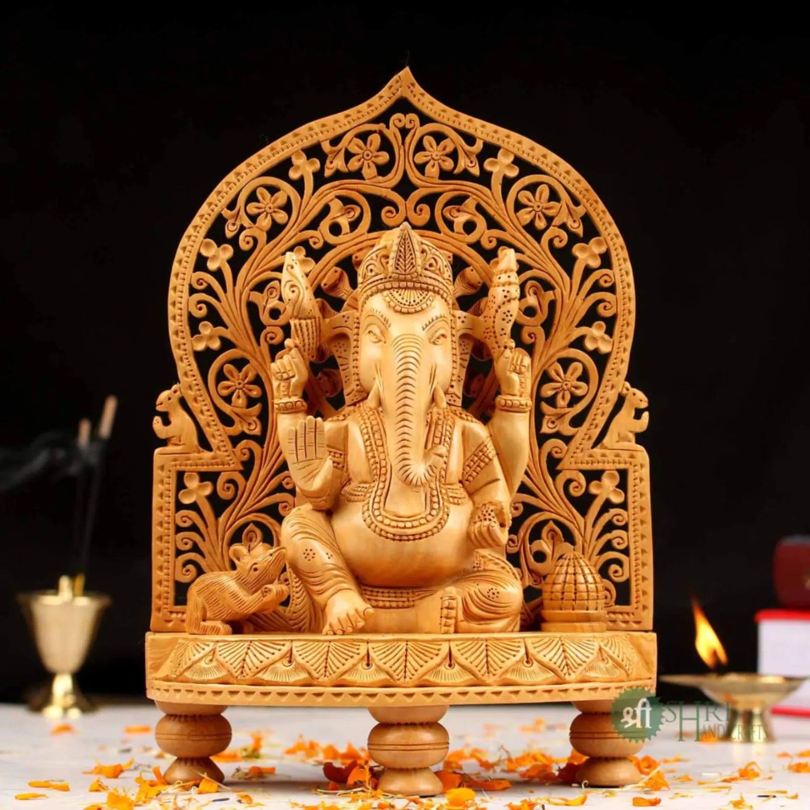 10 Inch Wooden Ganesha Sitting on Base