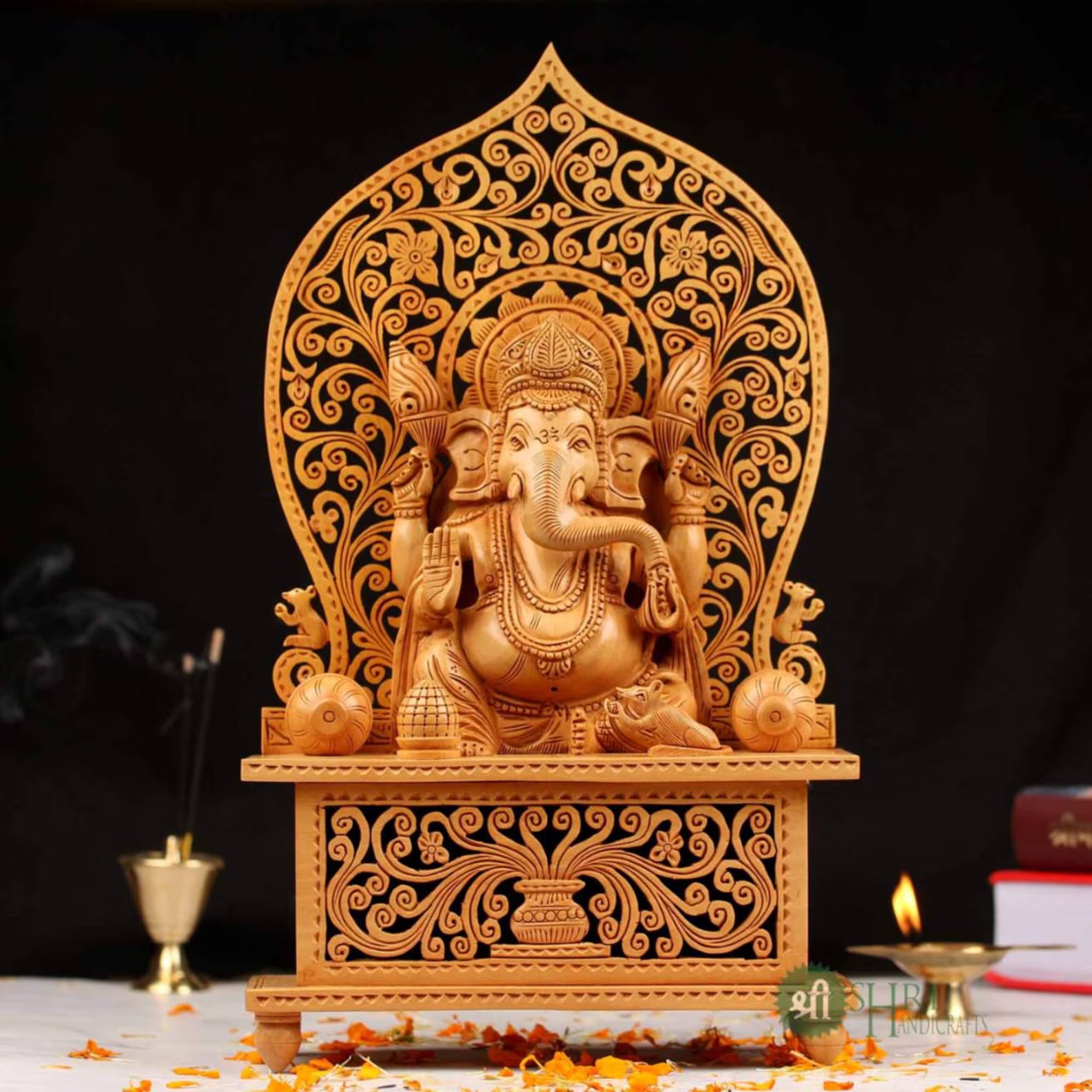 13 Inch Wooden Ganesha Sitting on Undercut Base