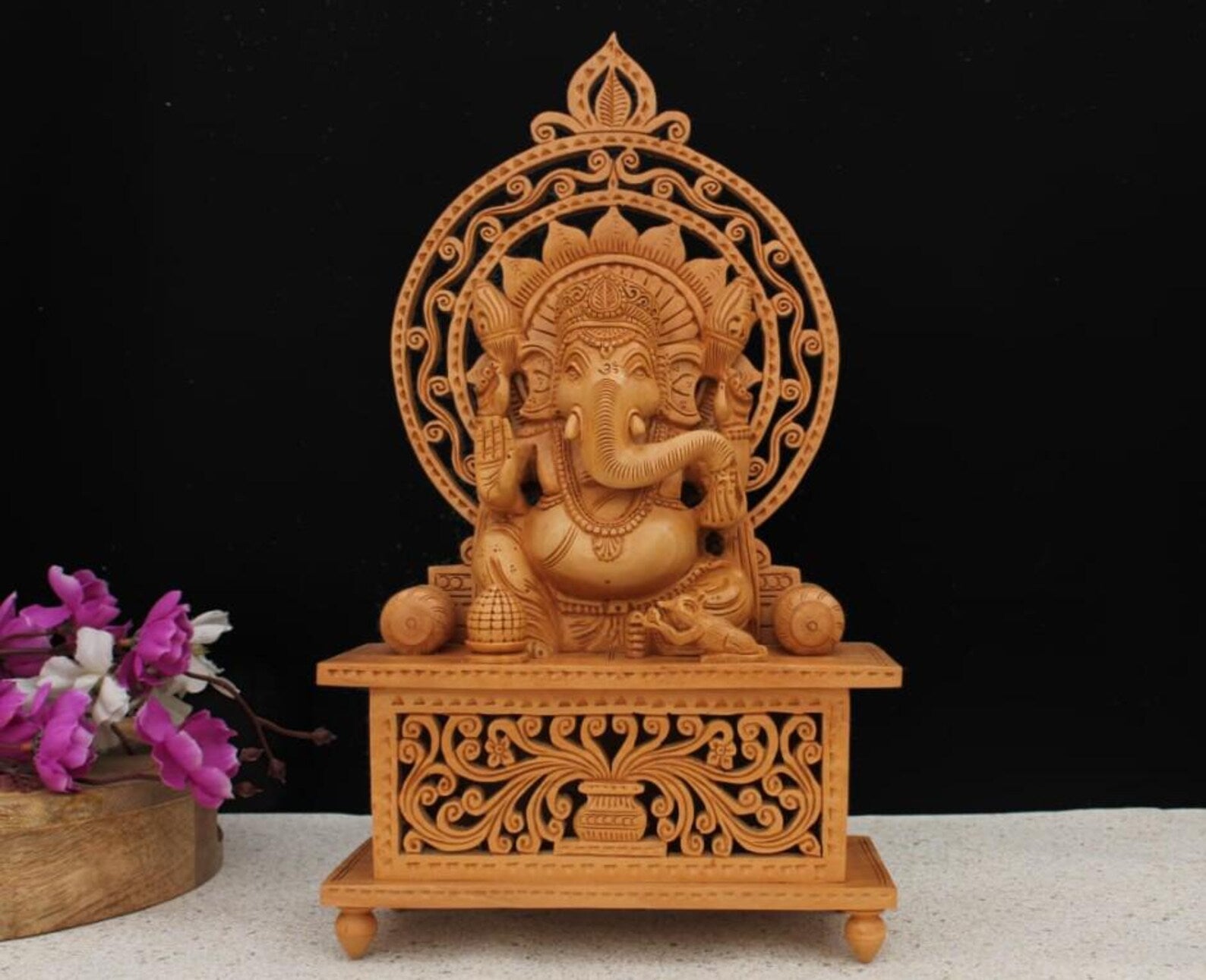 13 Inch Wooden Ganesha Sitting on Undercut Base