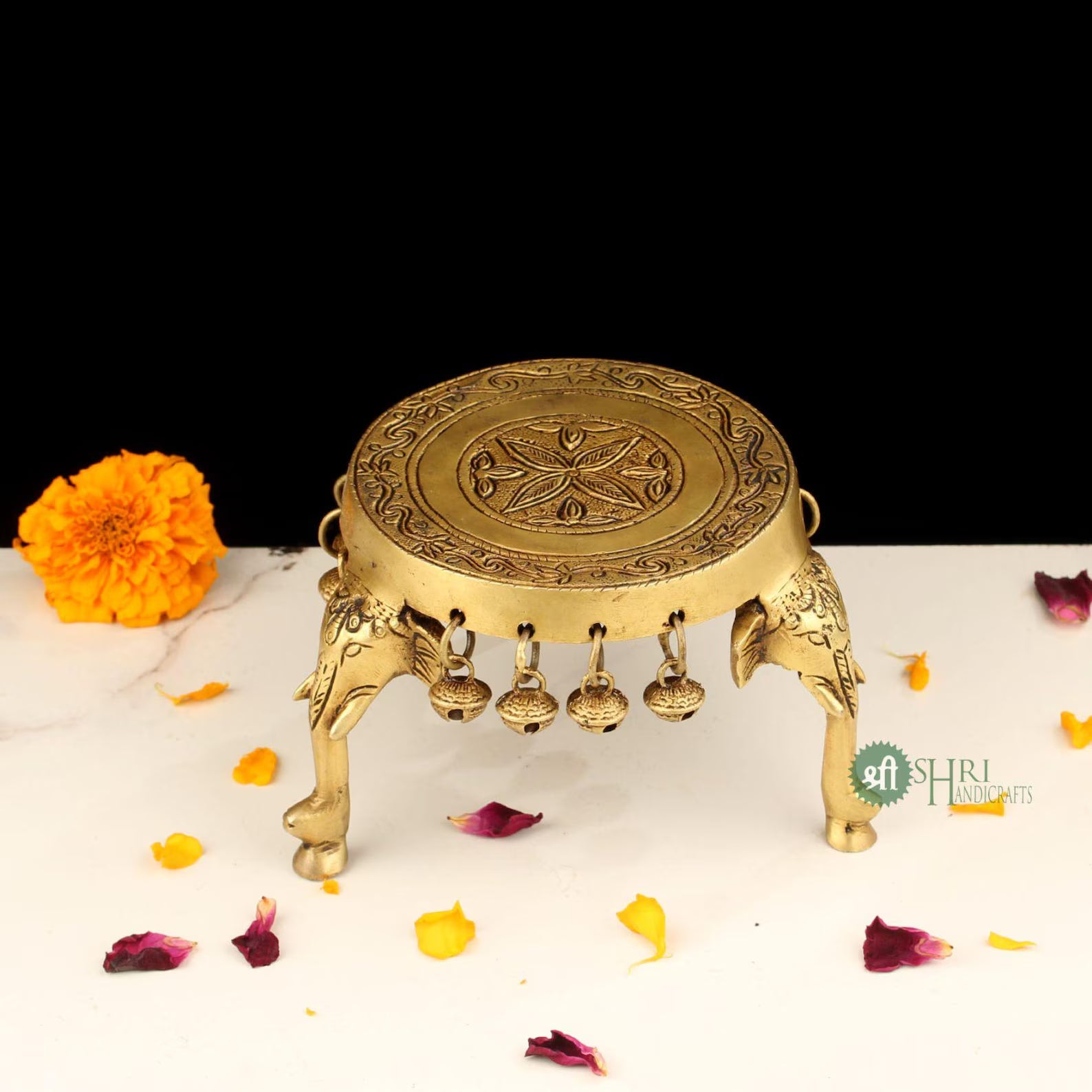 4 Inch Brass Elephant Chowki with Bells for Pooja & Home Décor