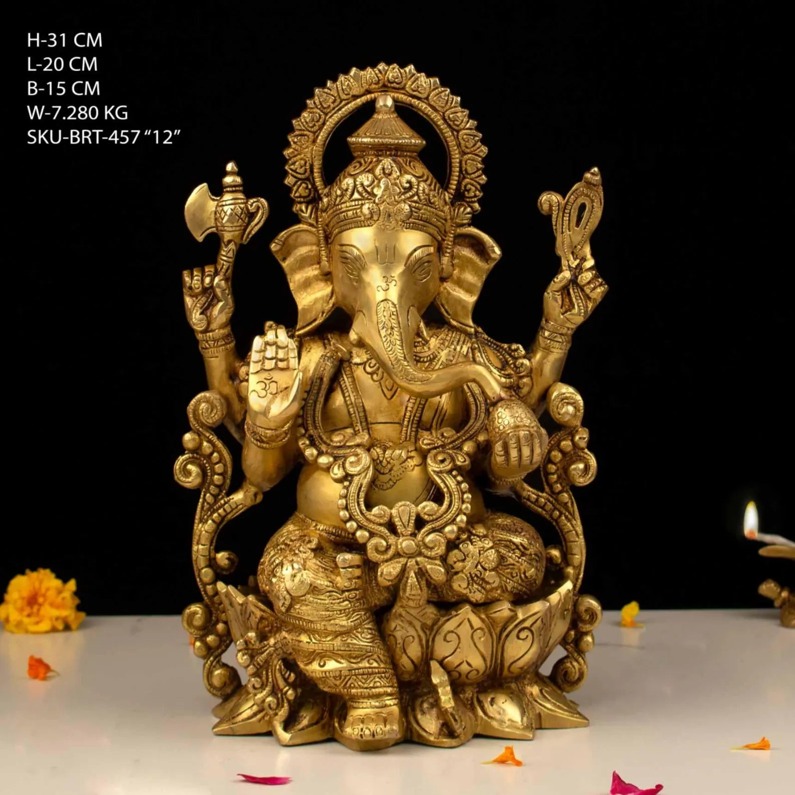 12 Inch Brass Ganesh on Lotus