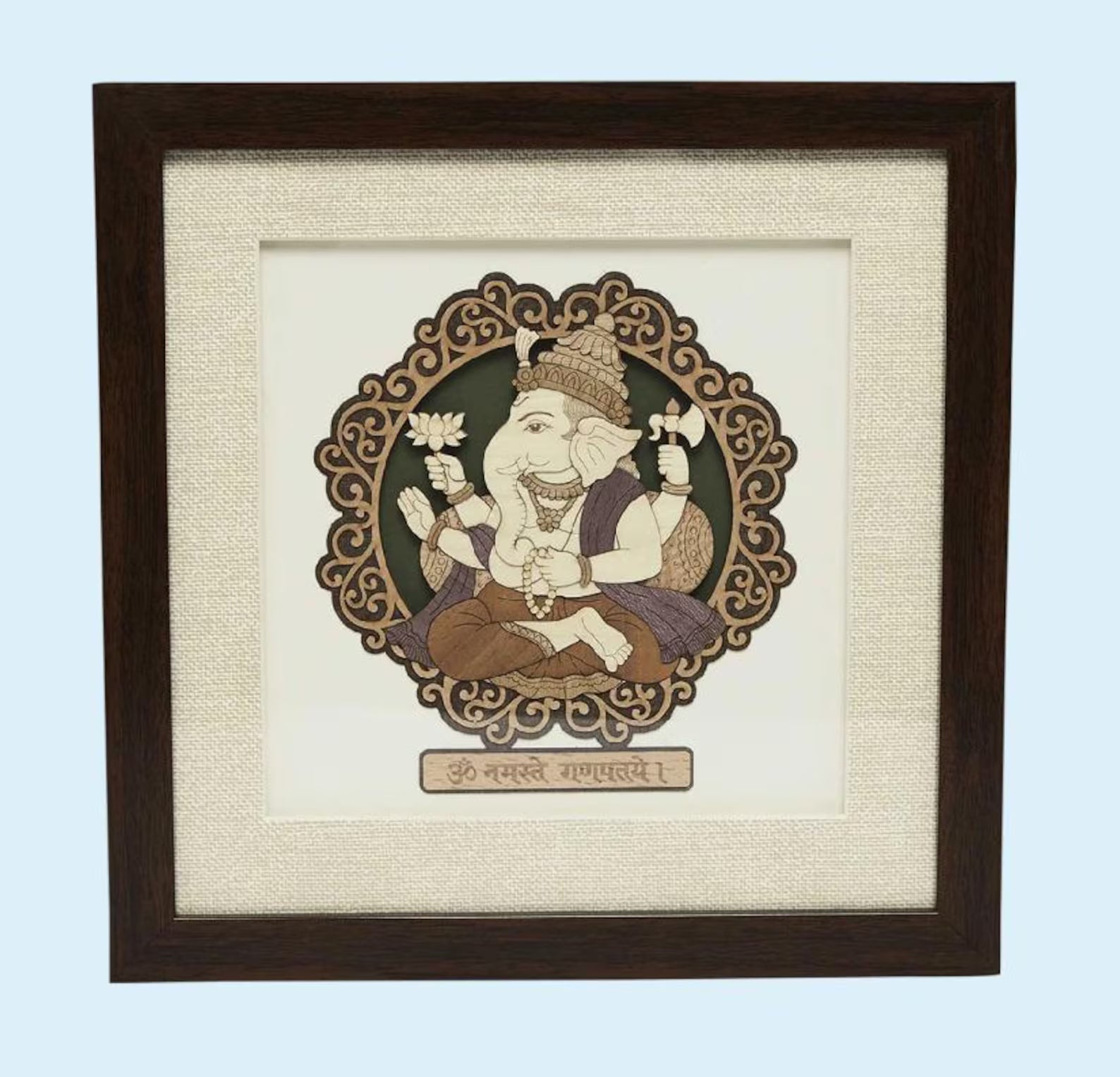 Handcrafted Ganesha Wood Art Frame, 10x10 Pooja Decor