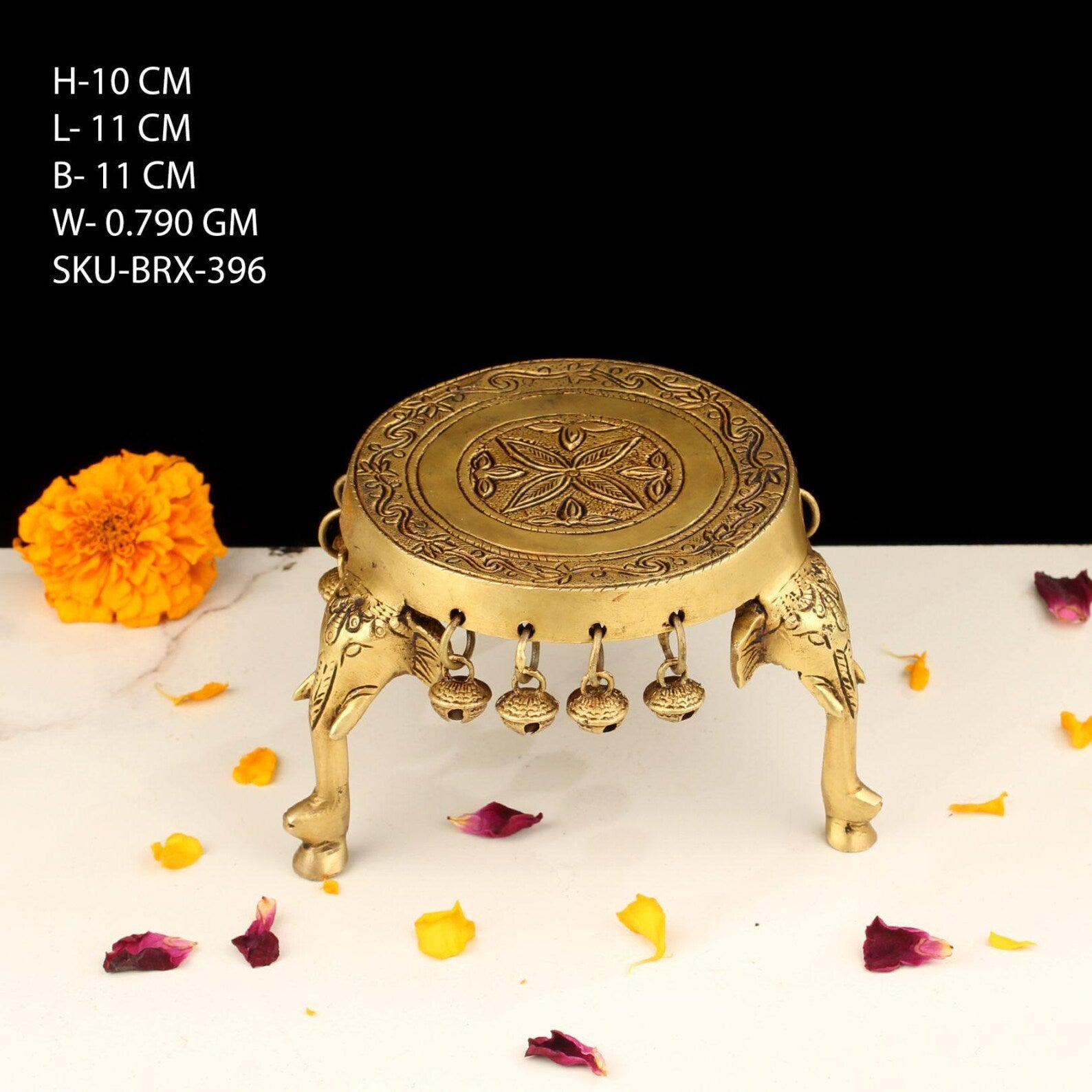 4 Inch Brass Elephant Chowki with Bells for Pooja & Home Décor