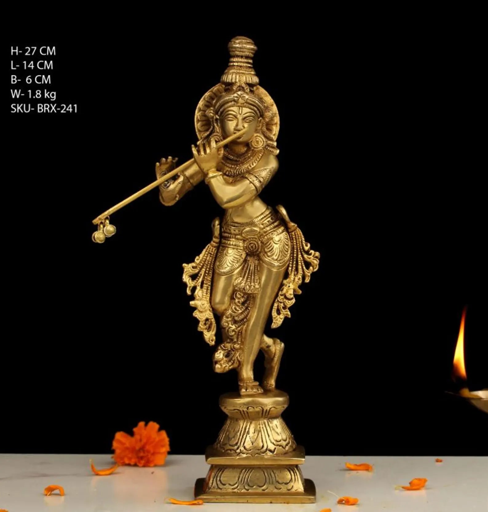 10.5 Inch Handcrafted Brass Krishna Idol