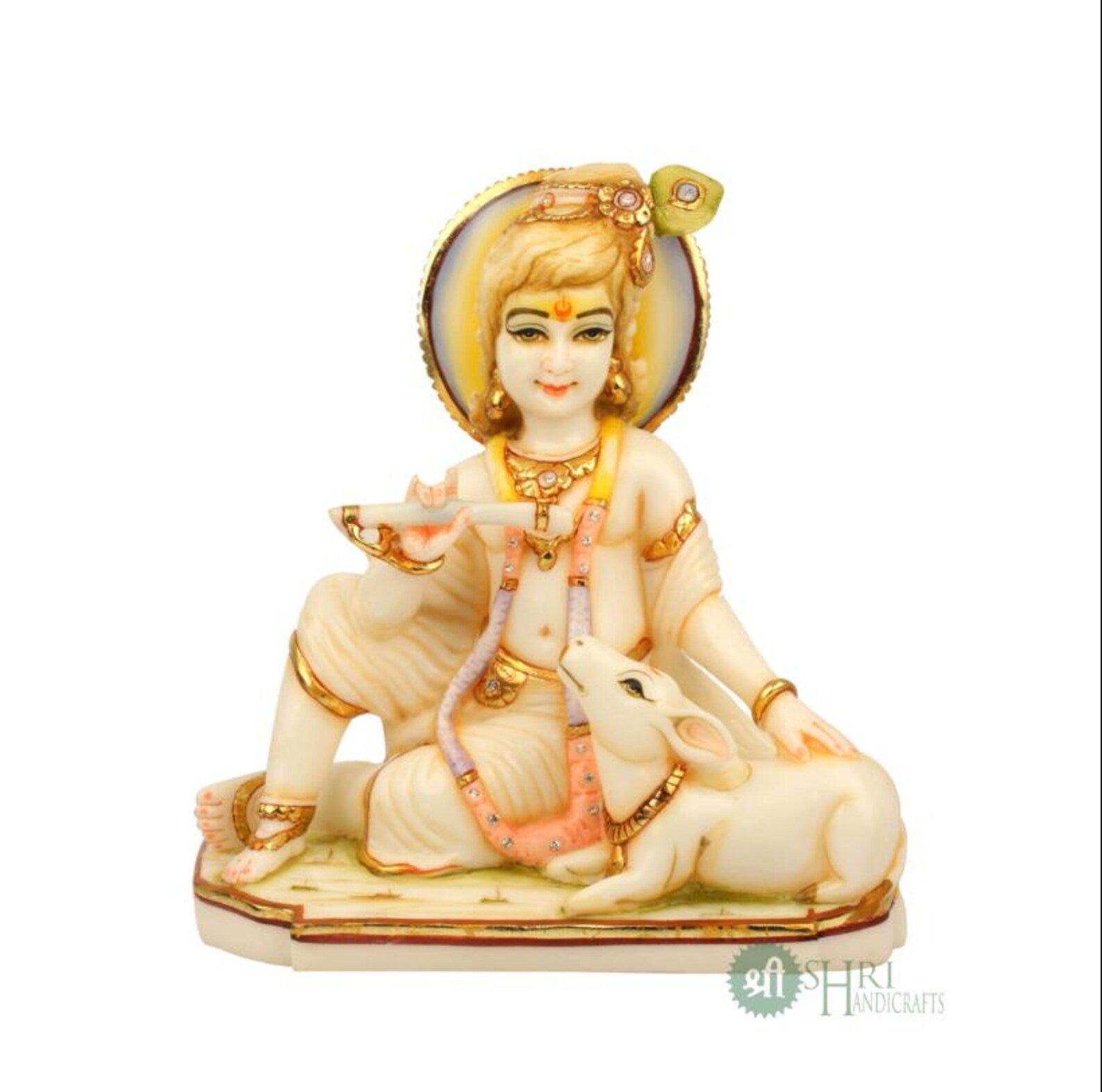 9 Inch Krishna Sitting with Cow Resin Idol